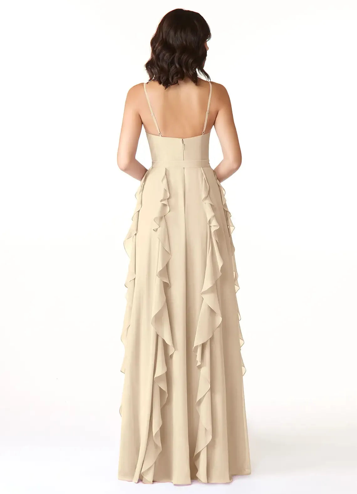 Spaghetti Strap V Neck Sash Bow Cascading Ruffle High Slit A Line Chiffon Bridesmaid Dress