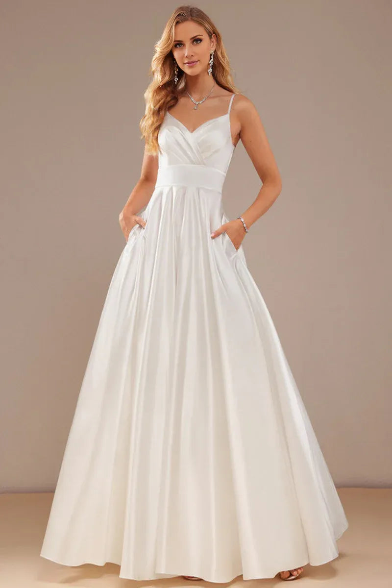 Spaghetti‑Strap V‑Neck Satin A‑Line Wedding Dress With Pockets & Button‑Back Detail
