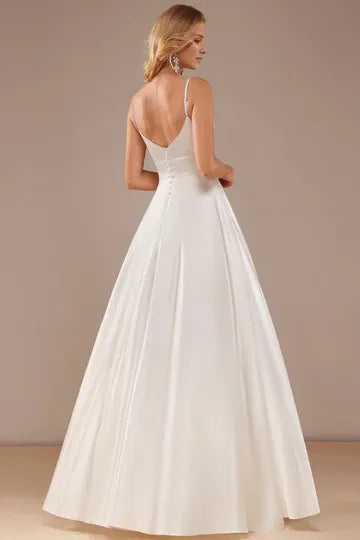 Spaghetti‑Strap V‑Neck Satin A‑Line Wedding Dress With Pockets & Button‑Back Detail