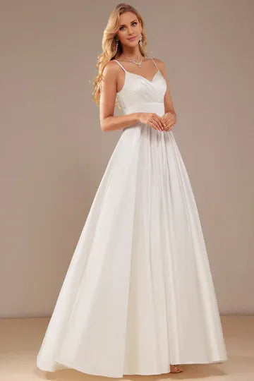 Spaghetti‑Strap V‑Neck Satin A‑Line Wedding Dress With Pockets & Button‑Back Detail