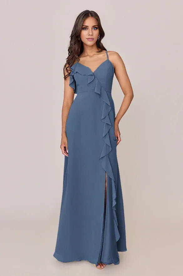 Spaghetti Strap V Neck Side Cascade Ruffle High Slit A Line Chiffon Bridesmaid Dress