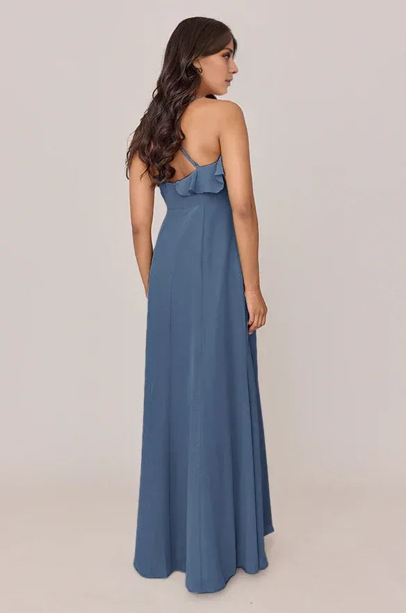 Spaghetti Strap V Neck Side Cascade Ruffle High Slit A Line Chiffon Bridesmaid Dress