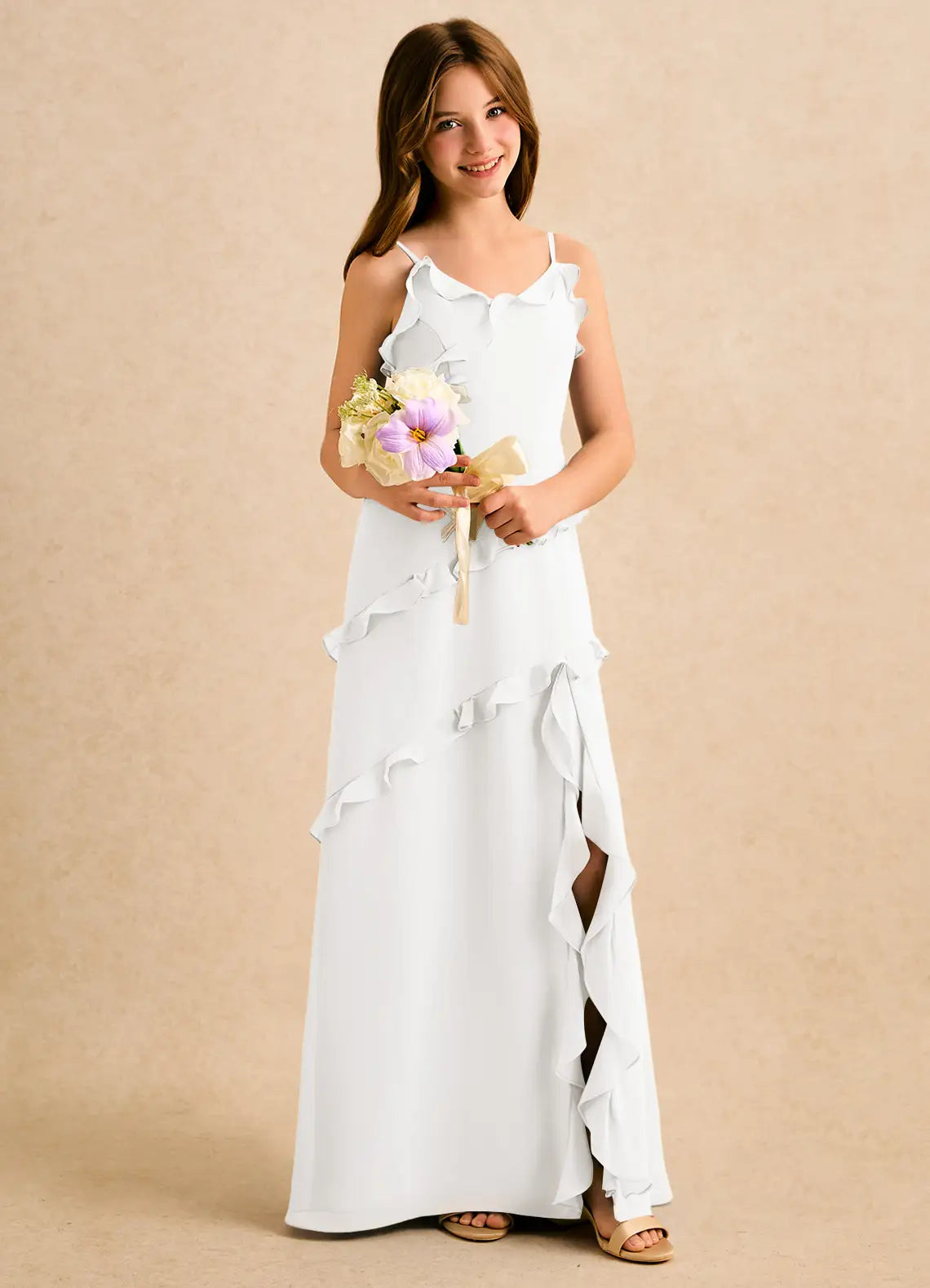 Spaghetti Strap White Chiffon Full-Length Junior Bridesmaid Dresses with Ruffle Trim and Side Slit