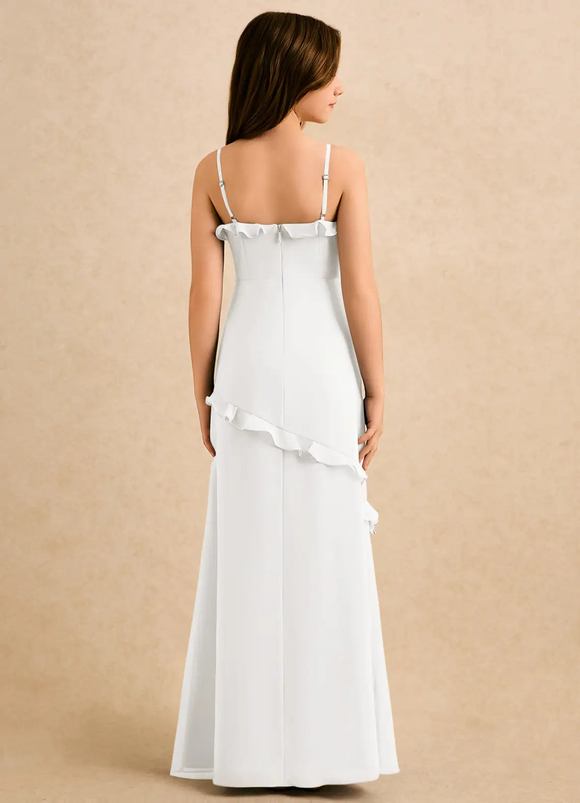 Spaghetti Strap White Chiffon Full-Length Junior Bridesmaid Dresses with Ruffle Trim and Side Slit