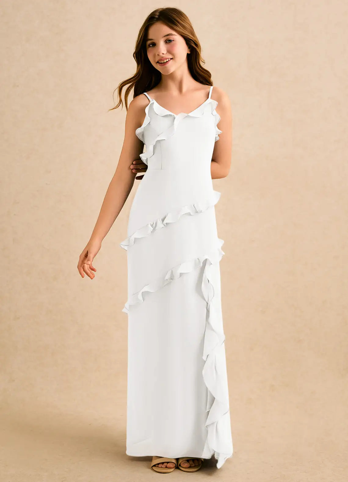 Spaghetti Strap White Chiffon Full-Length Junior Bridesmaid Dresses with Ruffle Trim and Side Slit