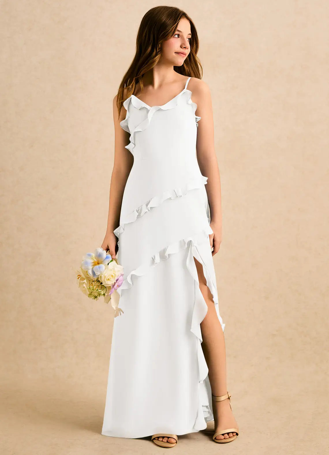 Spaghetti Strap White Chiffon Full-Length Junior Bridesmaid Dresses with Ruffle Trim and Side Slit
