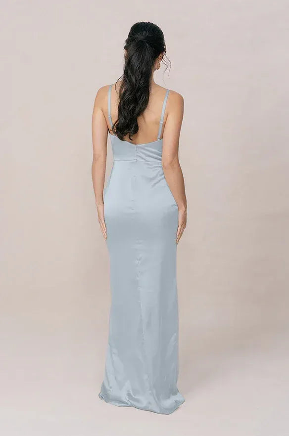 Spaghetti Strap Wrap V Neck High Slit Mermaid Satin Long Bridesmaid Dress