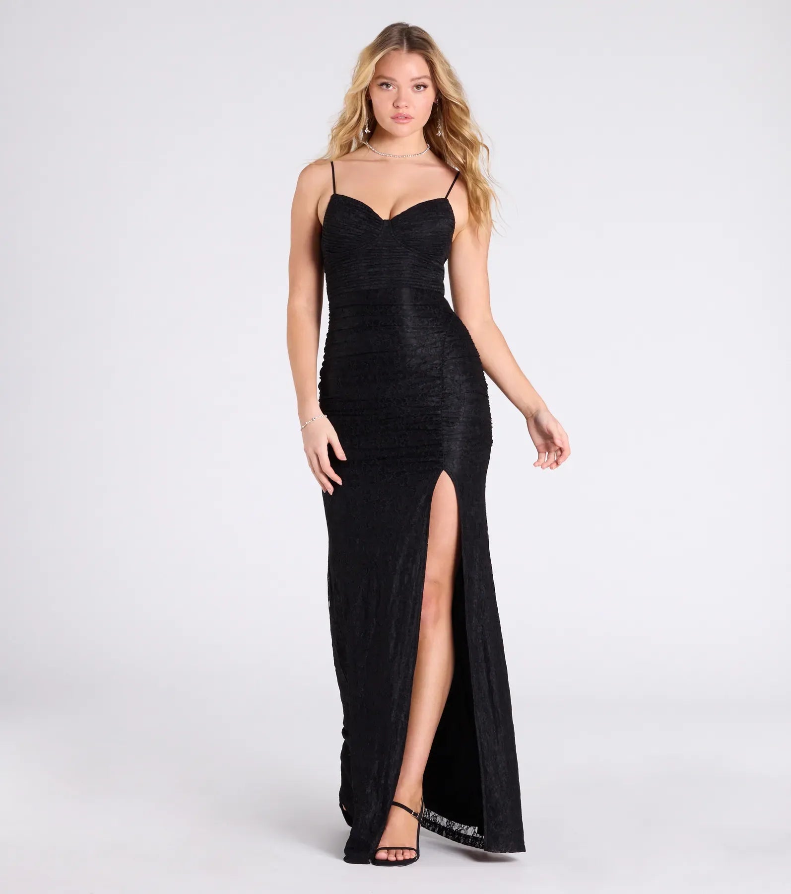 Spaghetti Sweetheart All Over Floral Lace Side Ruched High Slit Mermaid Maxi Wedding Guest Dress