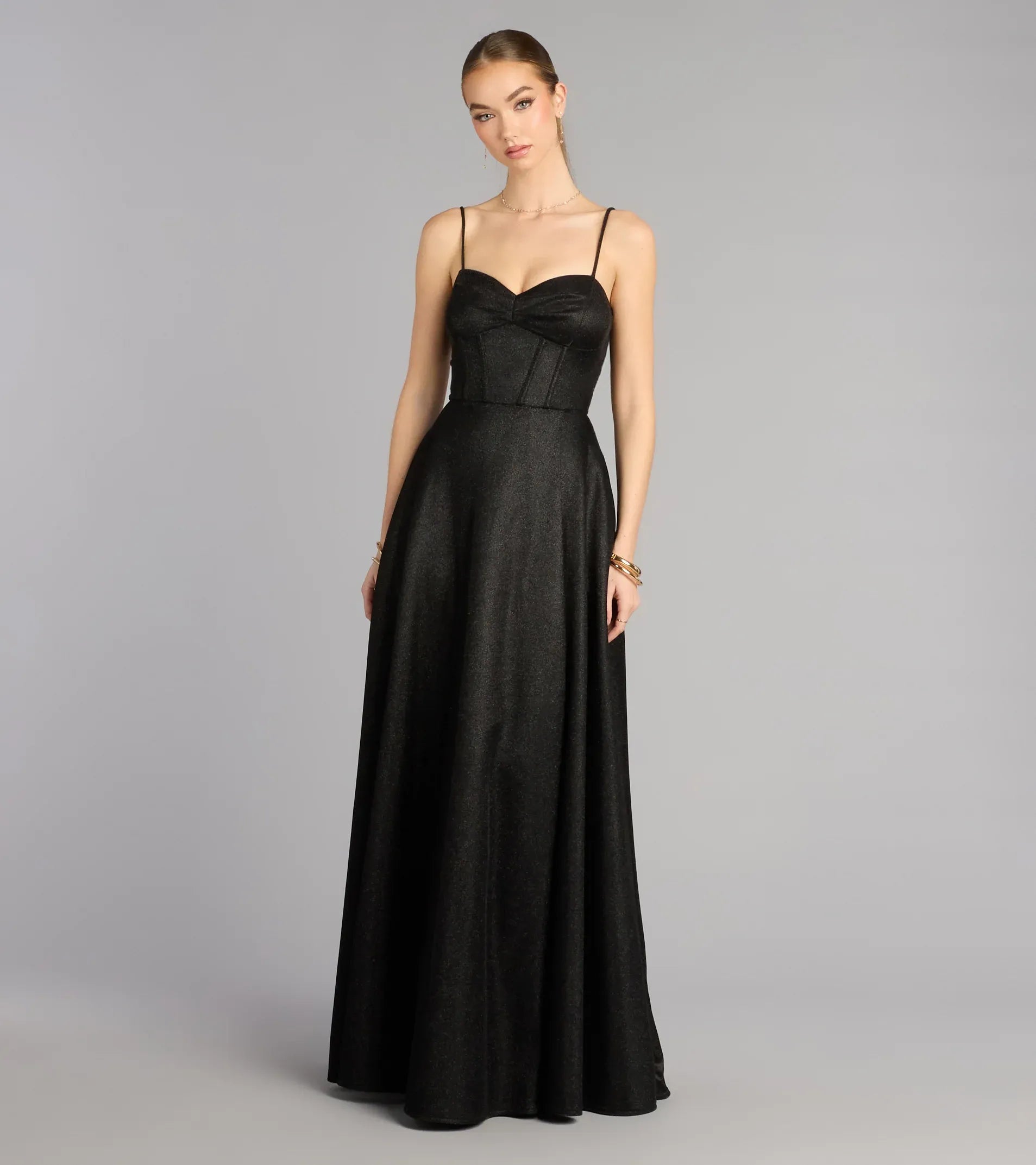 Spaghetti Sweetheart Corset Lace-Up Back Glitter A-Line Maxi Wedding Guest Dress