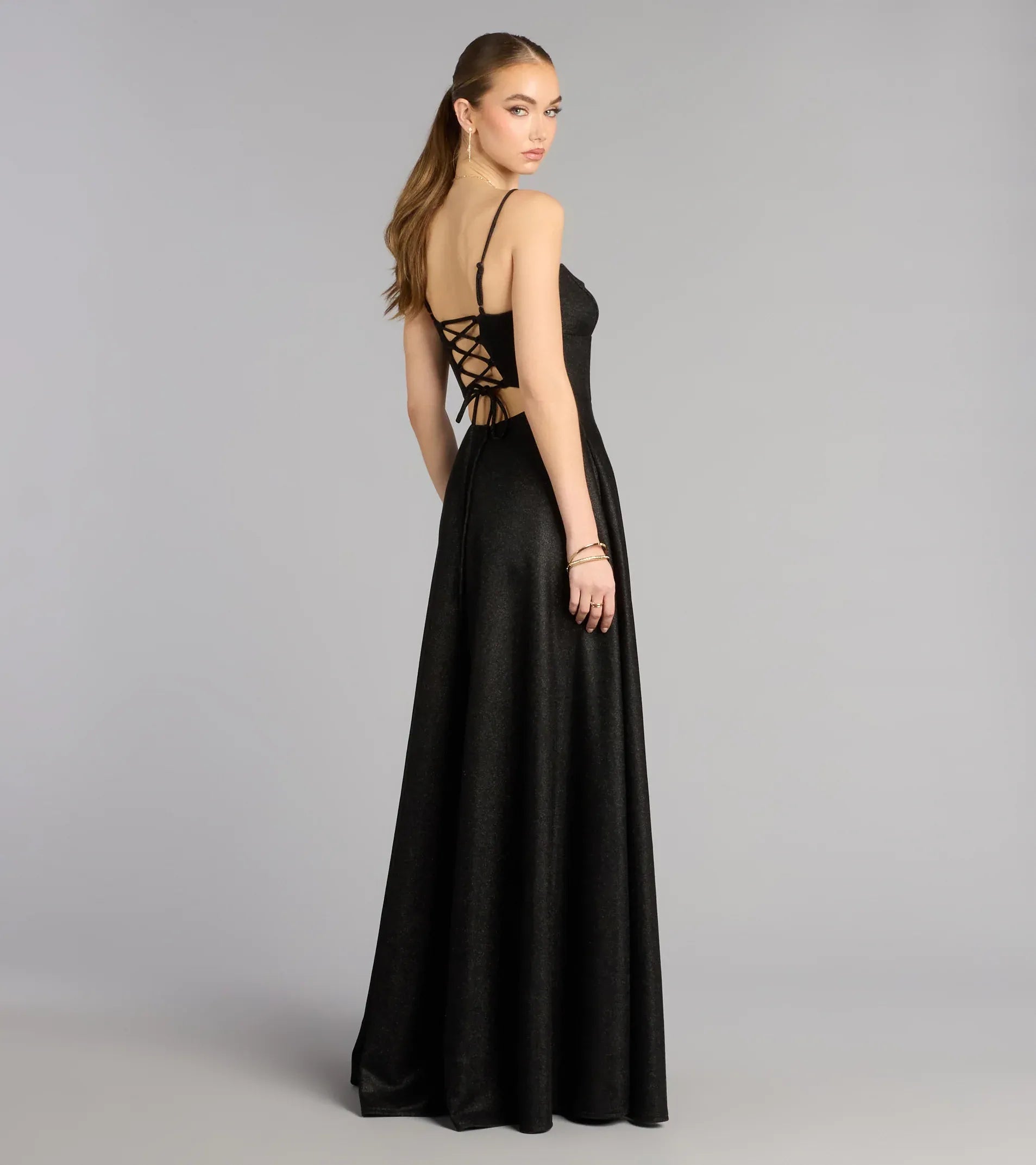 Spaghetti Sweetheart Corset Lace-Up Back Glitter A-Line Maxi Wedding Guest Dress