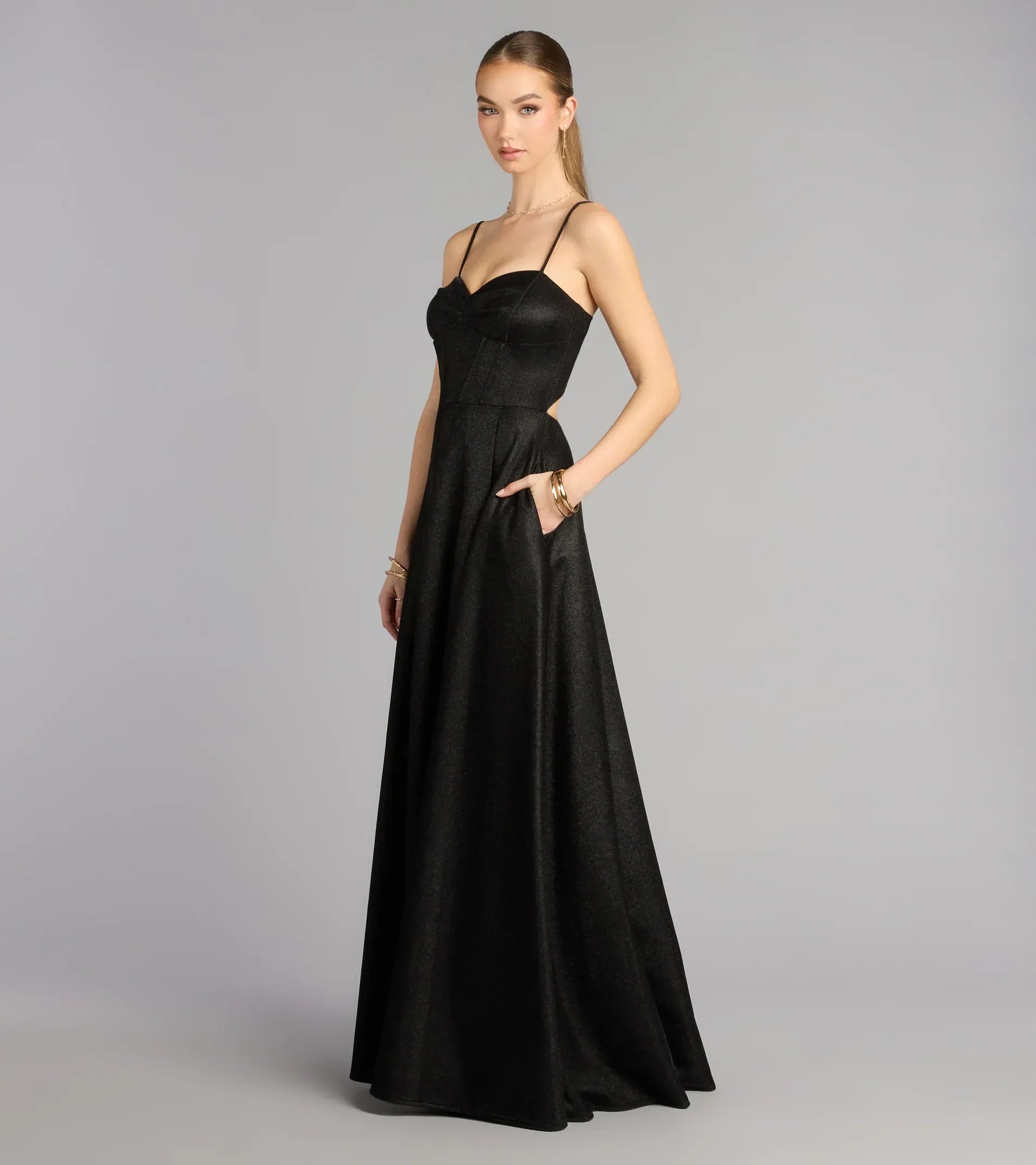Spaghetti Sweetheart Corset Lace-Up Back Glitter A-Line Maxi Wedding Guest Dress