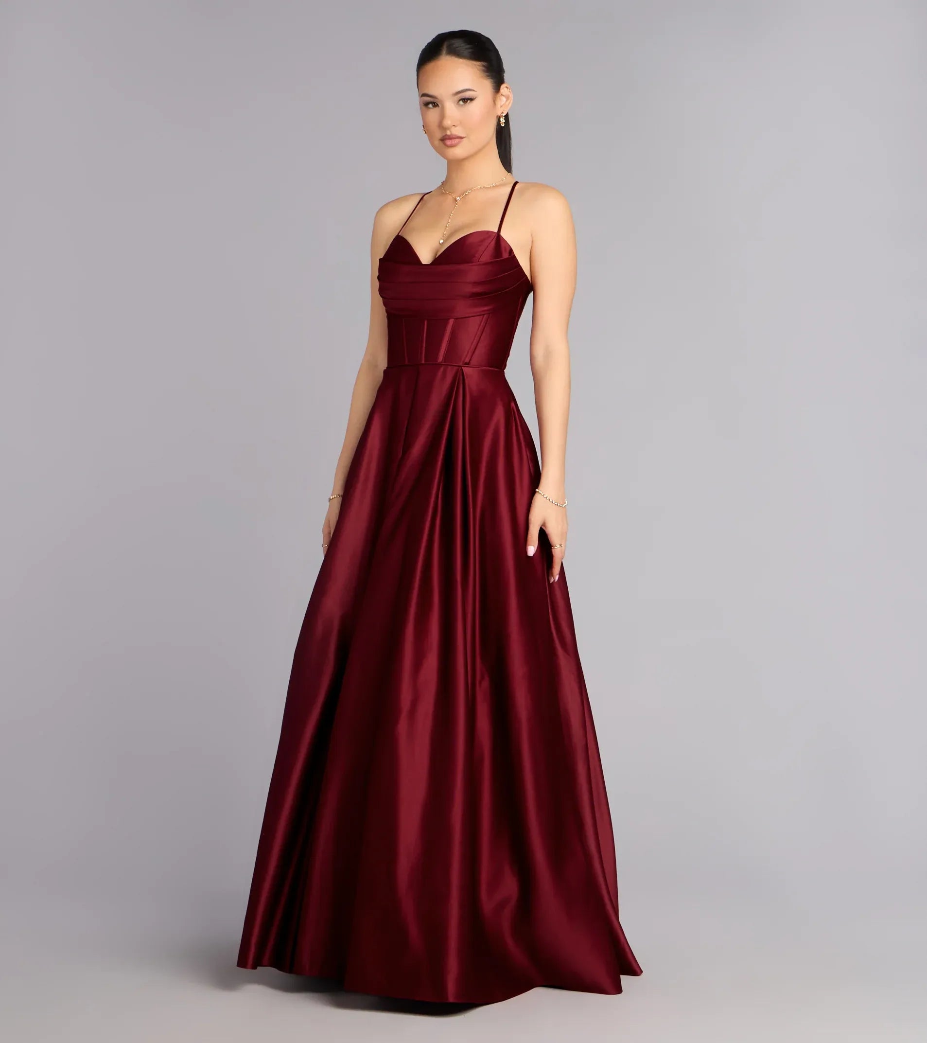 Spaghetti Sweetheart Corset Lace-Up Back Satin A-Line Pocket Maxi Prom Dress