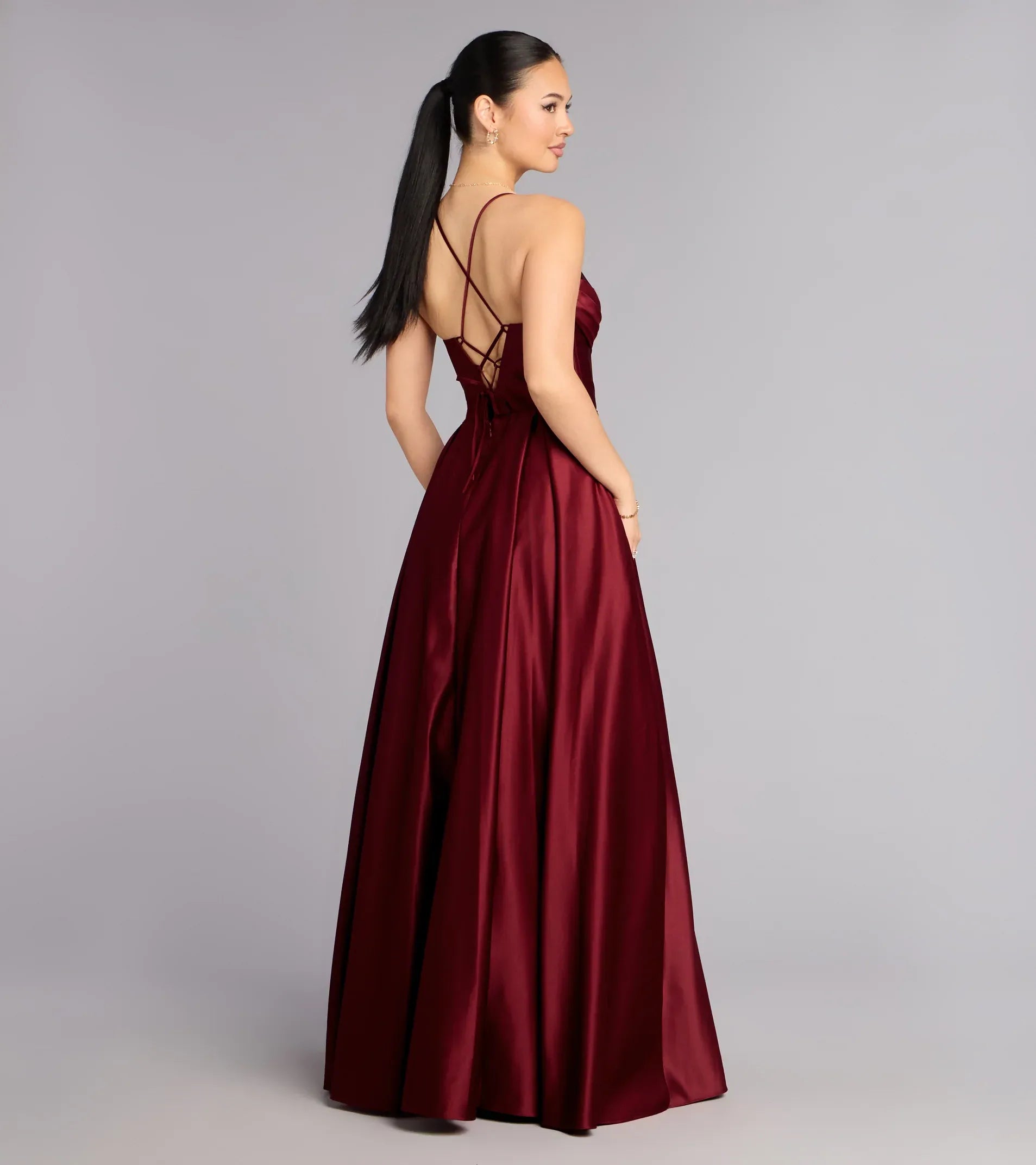 Spaghetti Sweetheart Corset Lace-Up Back Satin A-Line Pocket Maxi Prom Dress