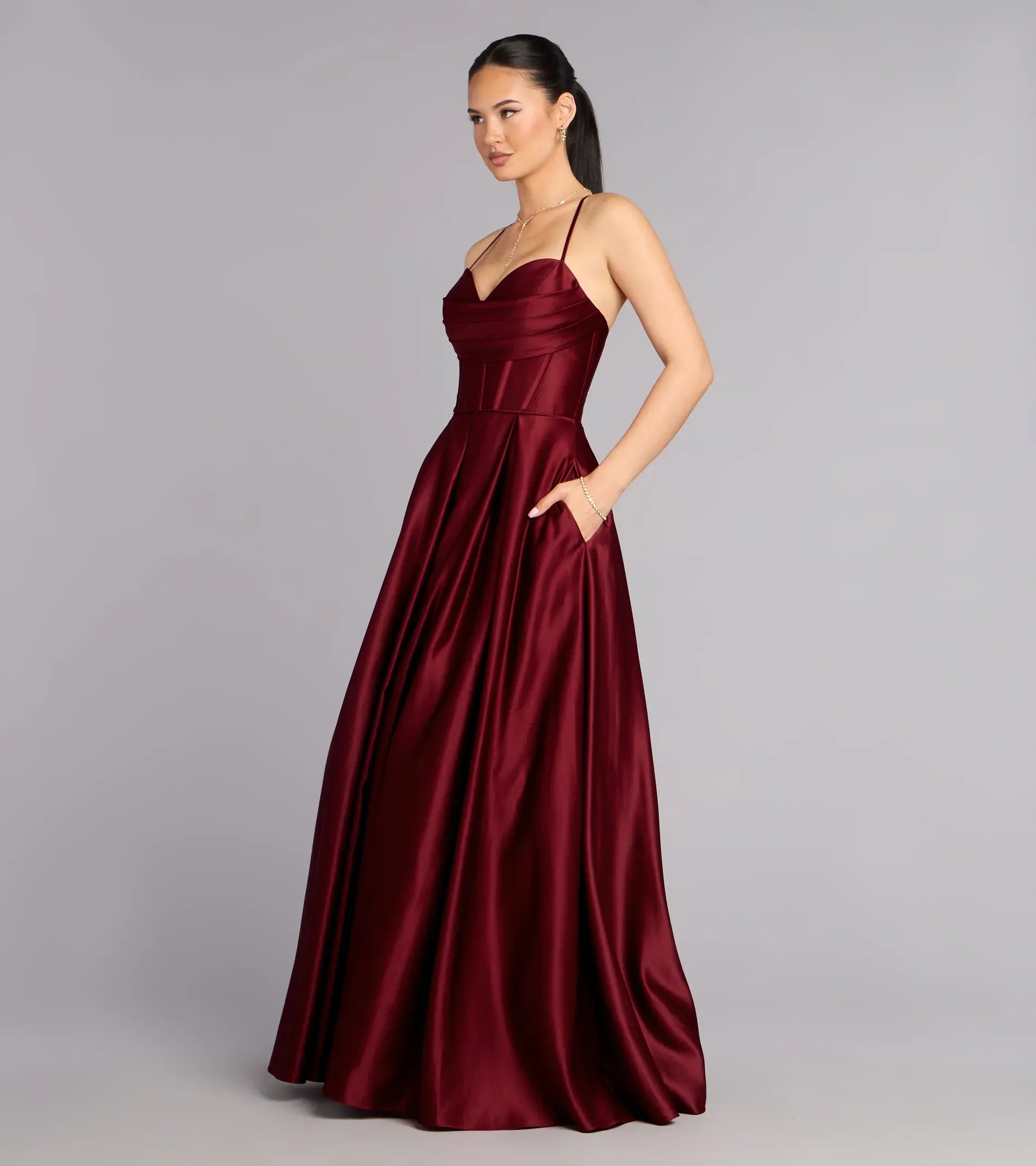 Spaghetti Sweetheart Corset Lace-Up Back Satin A-Line Pocket Maxi Prom Dress