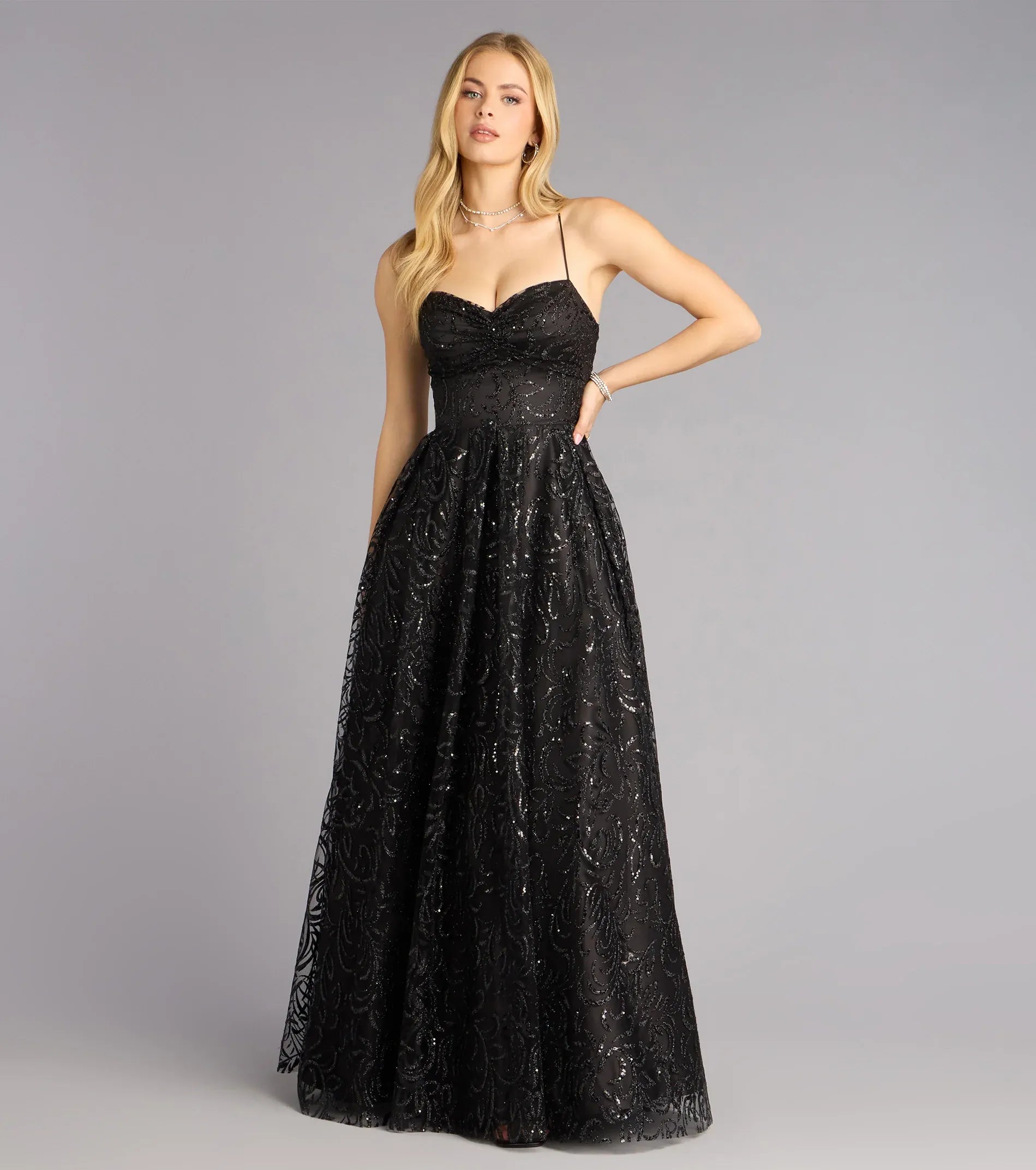 Spaghetti Sweetheart Glitter Scroll Tulle Lace-Up Back A-Line Maxi Wedding Guest Dress