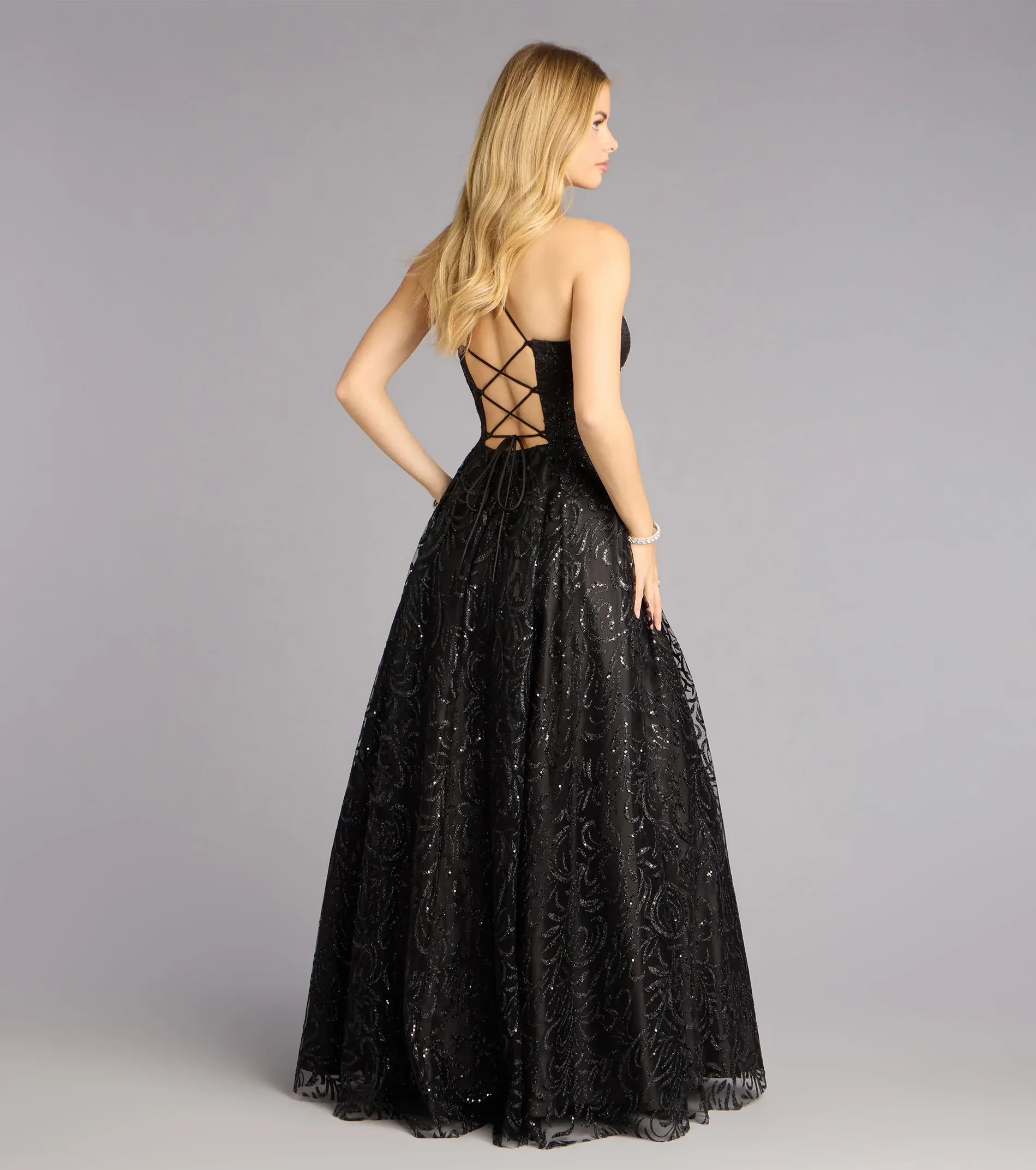 Spaghetti Sweetheart Glitter Scroll Tulle Lace-Up Back A-Line Maxi Wedding Guest Dress
