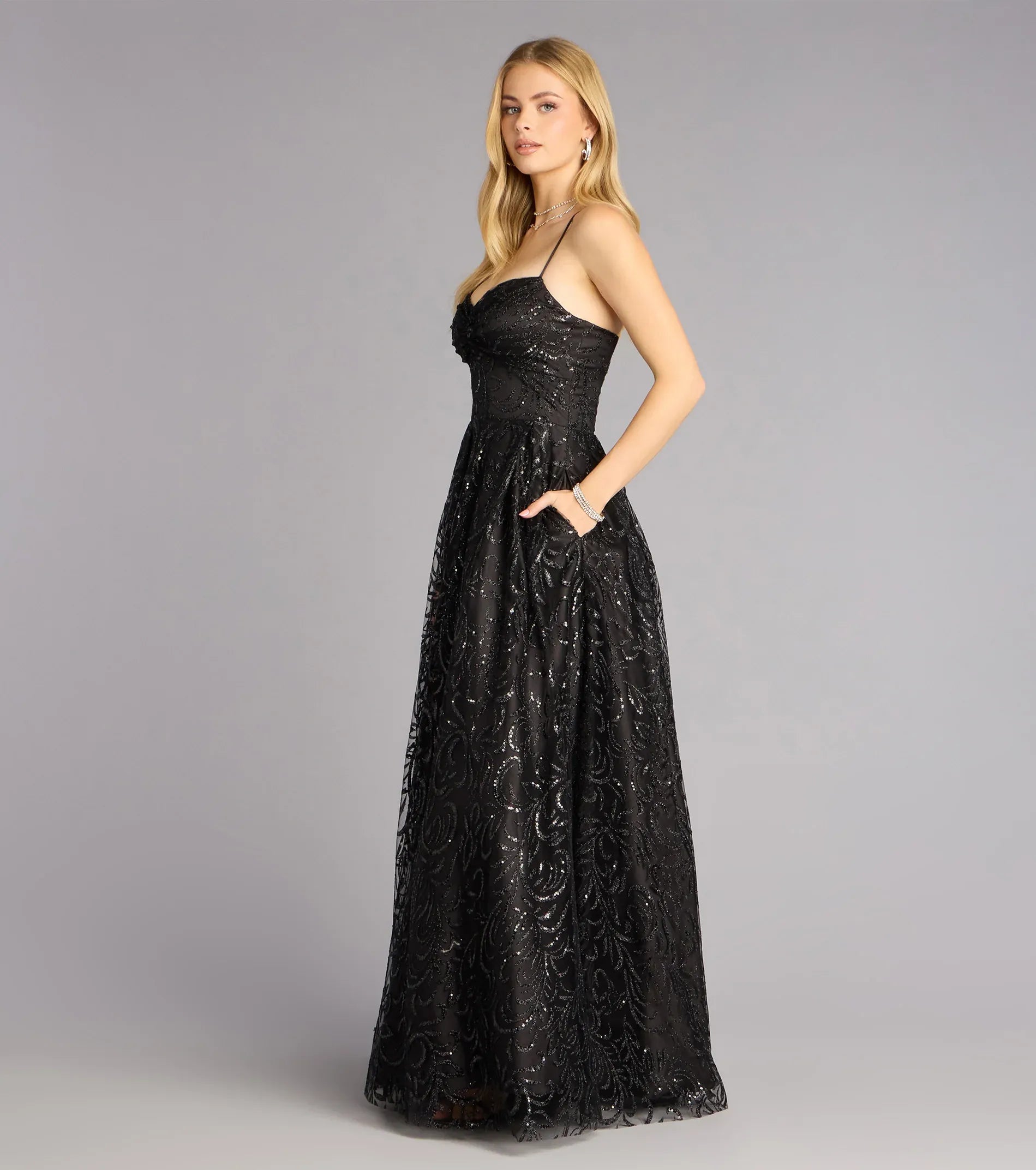 Spaghetti Sweetheart Glitter Scroll Tulle Lace-Up Back A-Line Maxi Wedding Guest Dress