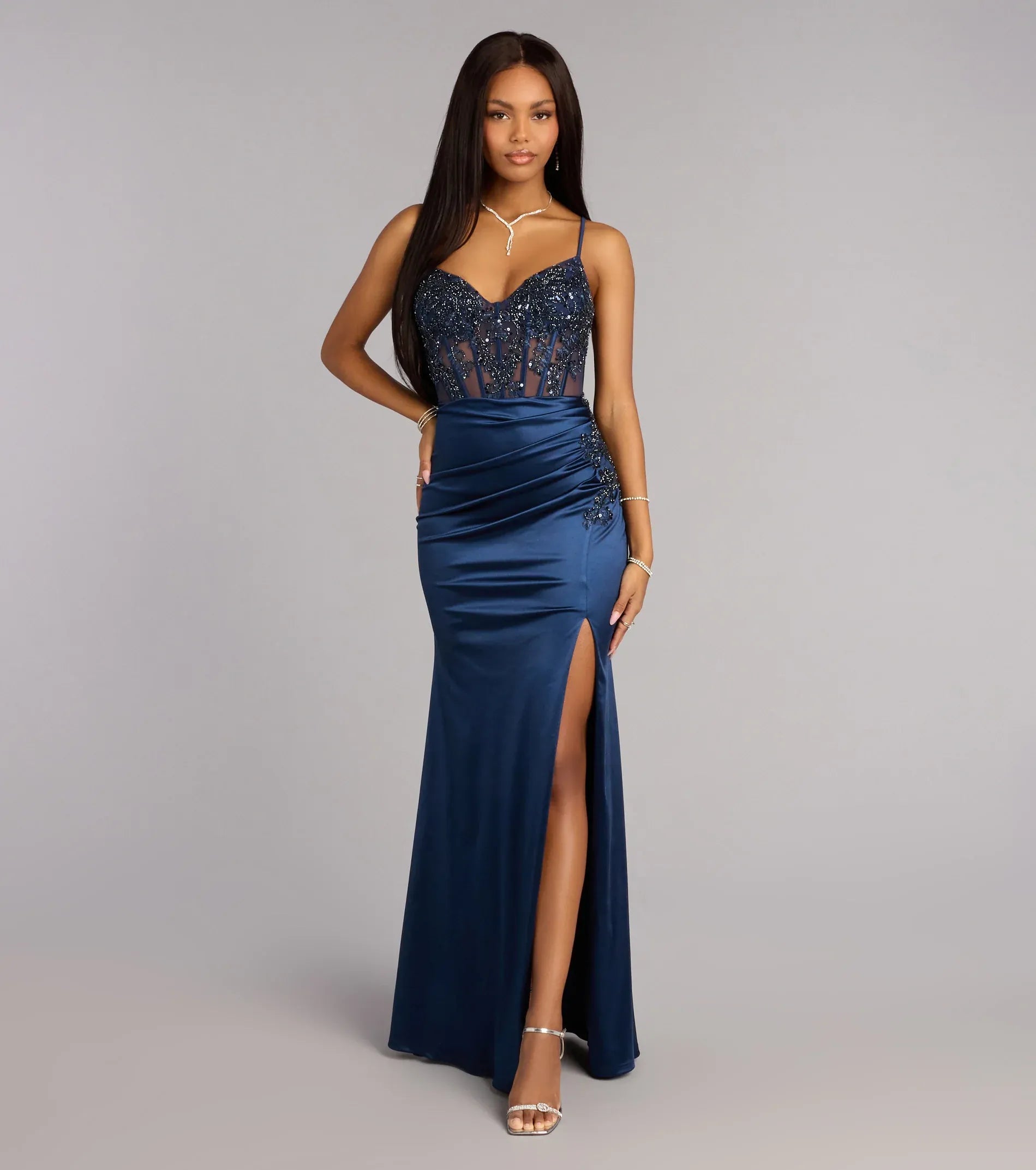 Spaghetti V-Neck Beaded Mesh Corset Lace-Up Back Ruched Satin High-Slit Mermaid Maxi Prom Dress