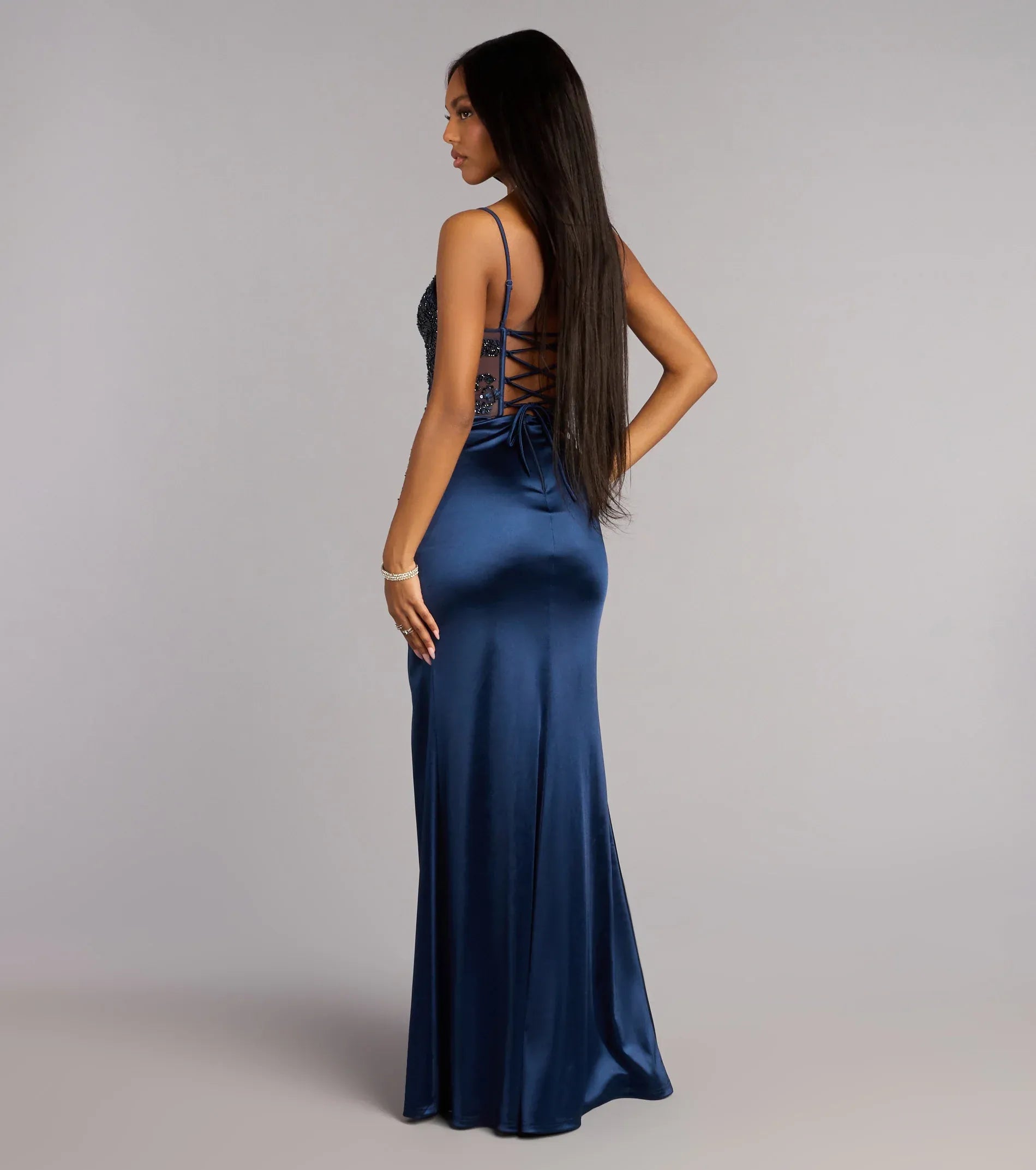 Spaghetti V-Neck Beaded Mesh Corset Lace-Up Back Ruched Satin High-Slit Mermaid Maxi Prom Dress