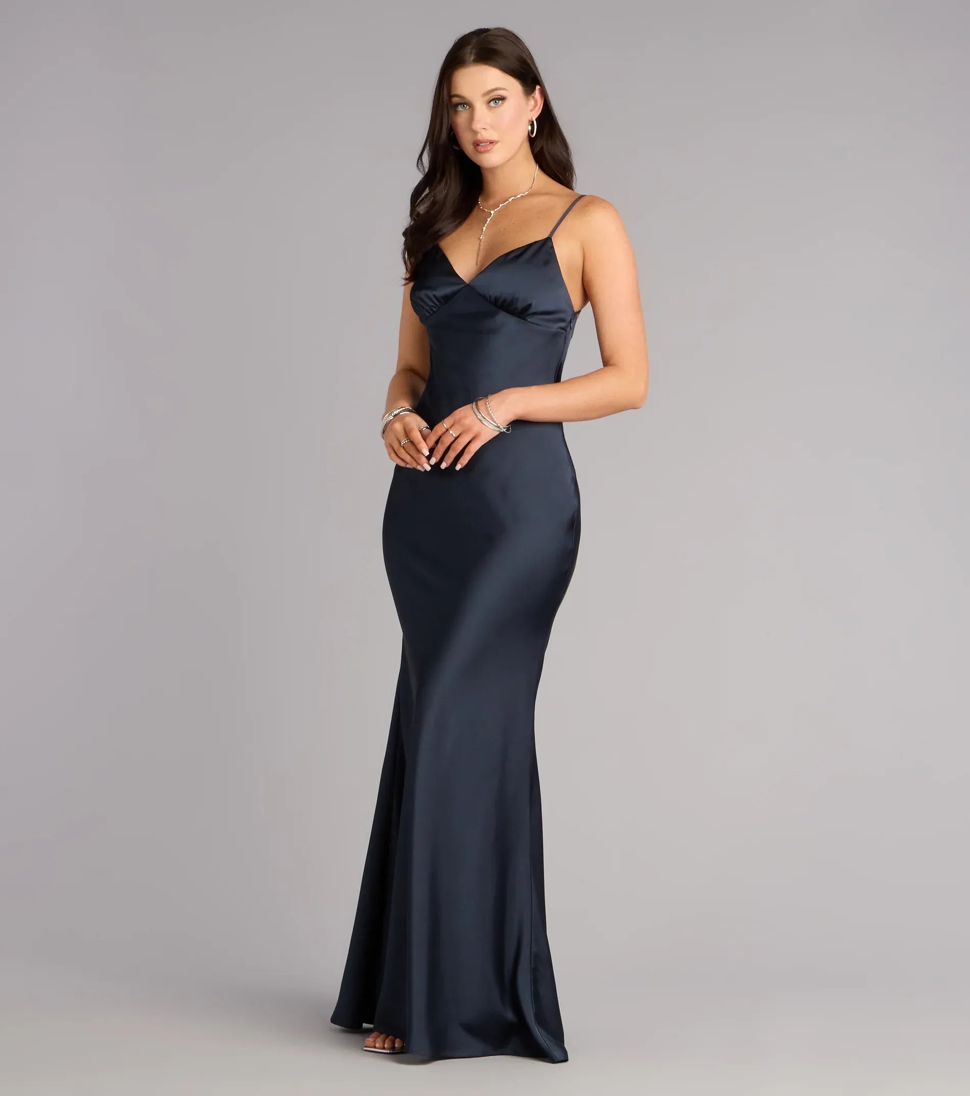 Spaghetti V Neck Cowl Open Back Satin Mermaid Maxi Wedding Guest Dress