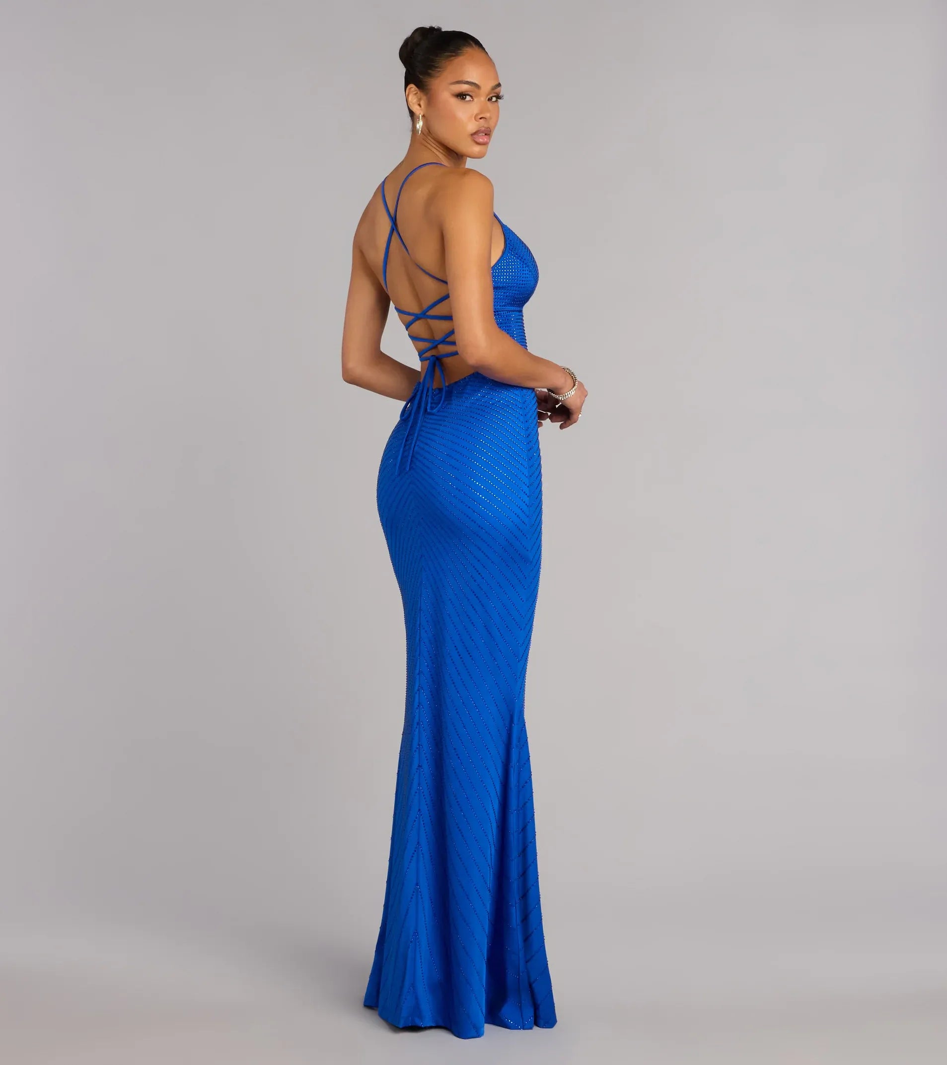 Spaghetti V-Neck Crisscross Lace-Up Back Diagonal Rhinestone High-Slit Mermaid Maxi Prom Dress