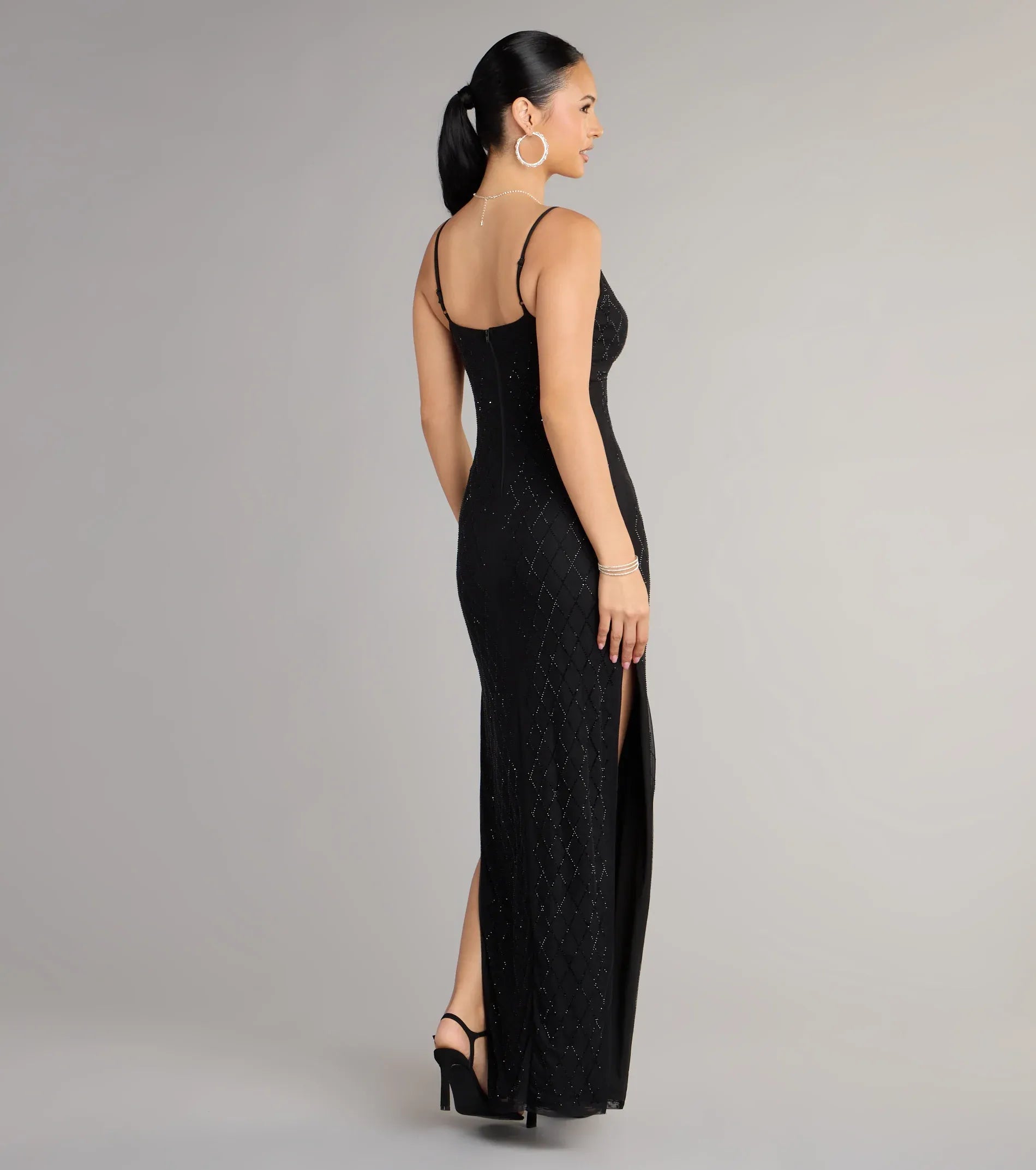Spaghetti V Neck Diamond Rhinestone Mesh High Slit Midi Maxi Wedding Guest Dress