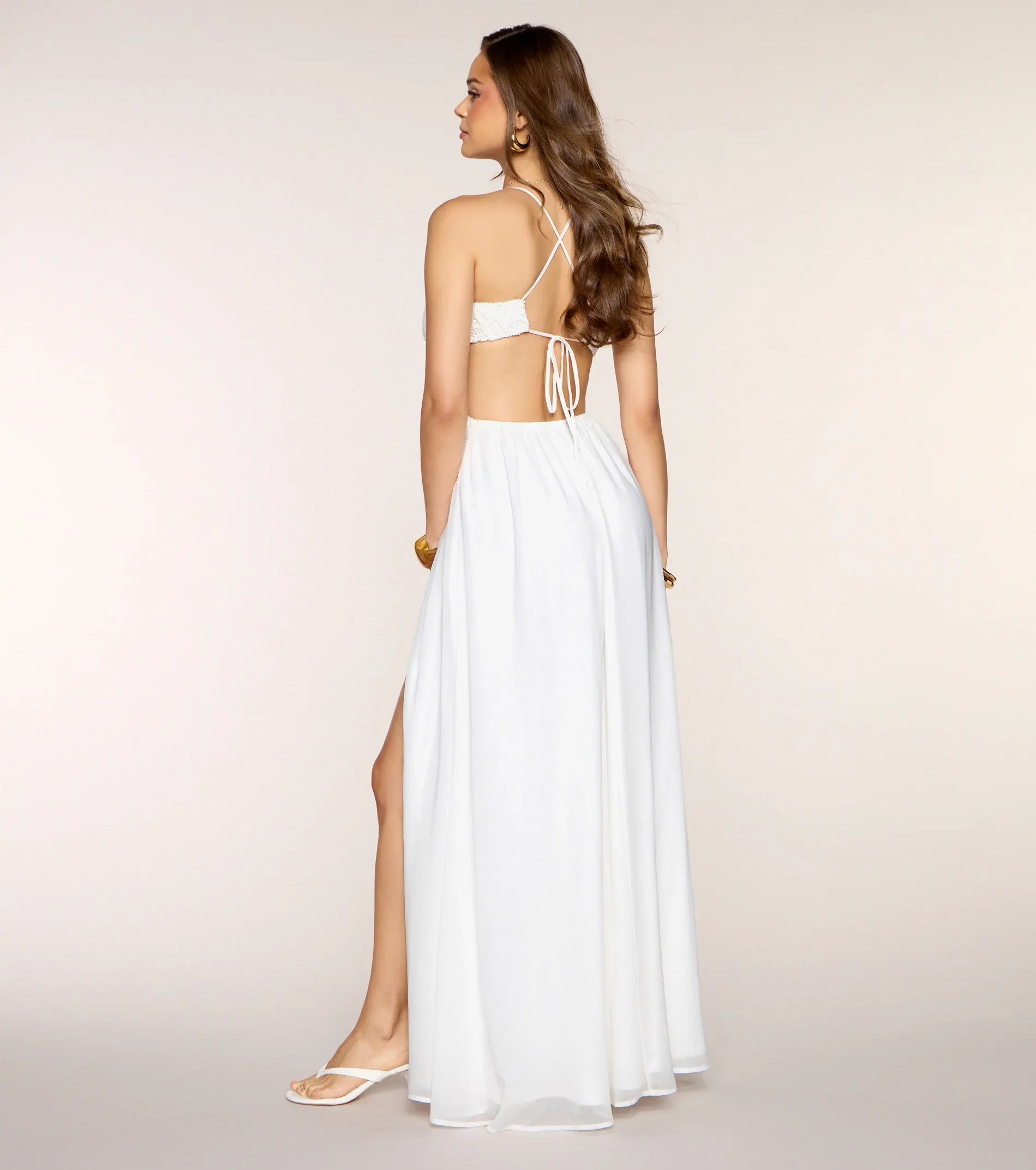 Spaghetti V Neck Front Tie Cutout Crisscross Back High Slit Chiffon Maxi Wedding Guest Dress