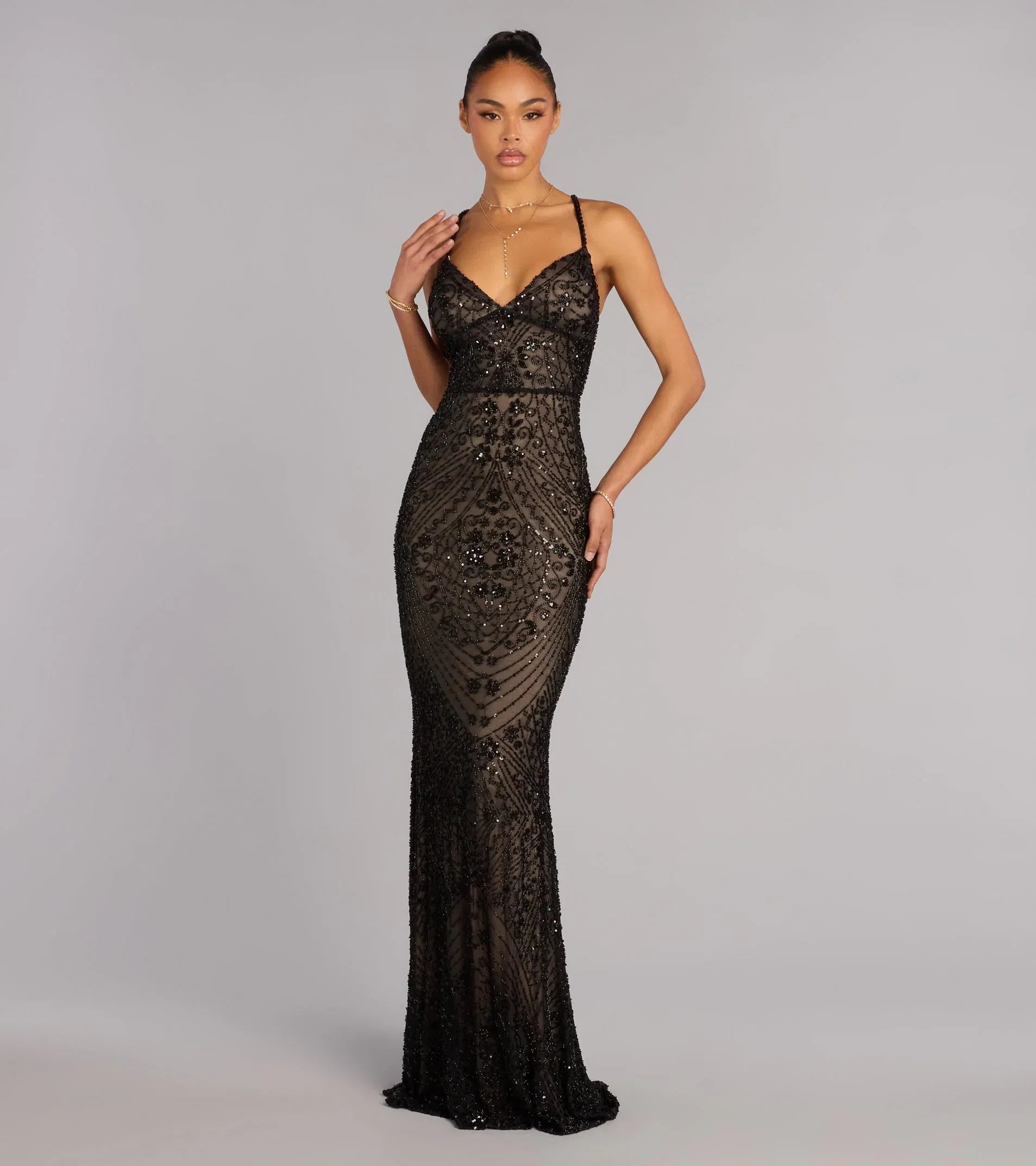 Spaghetti V-Neck Lace-Up Back Geometric Beaded Mesh Mermaid Maxi Prom Dress