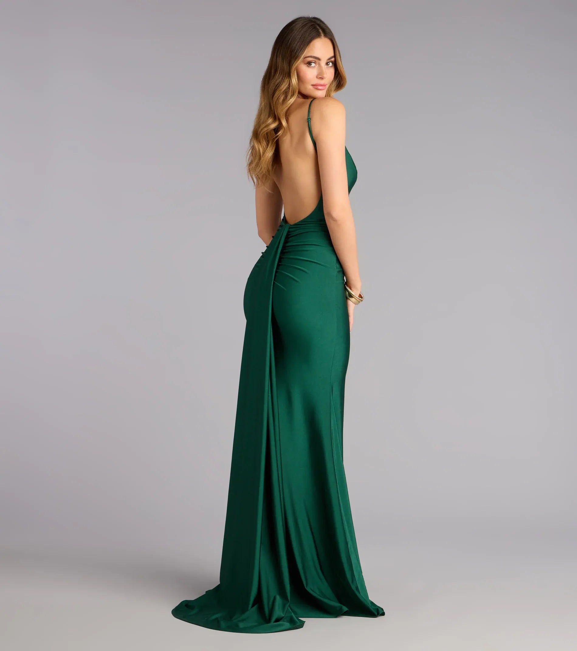 Spaghetti V-Neck Low Back Ruched Satin Mermaid Maxi Wedding Guest Dress