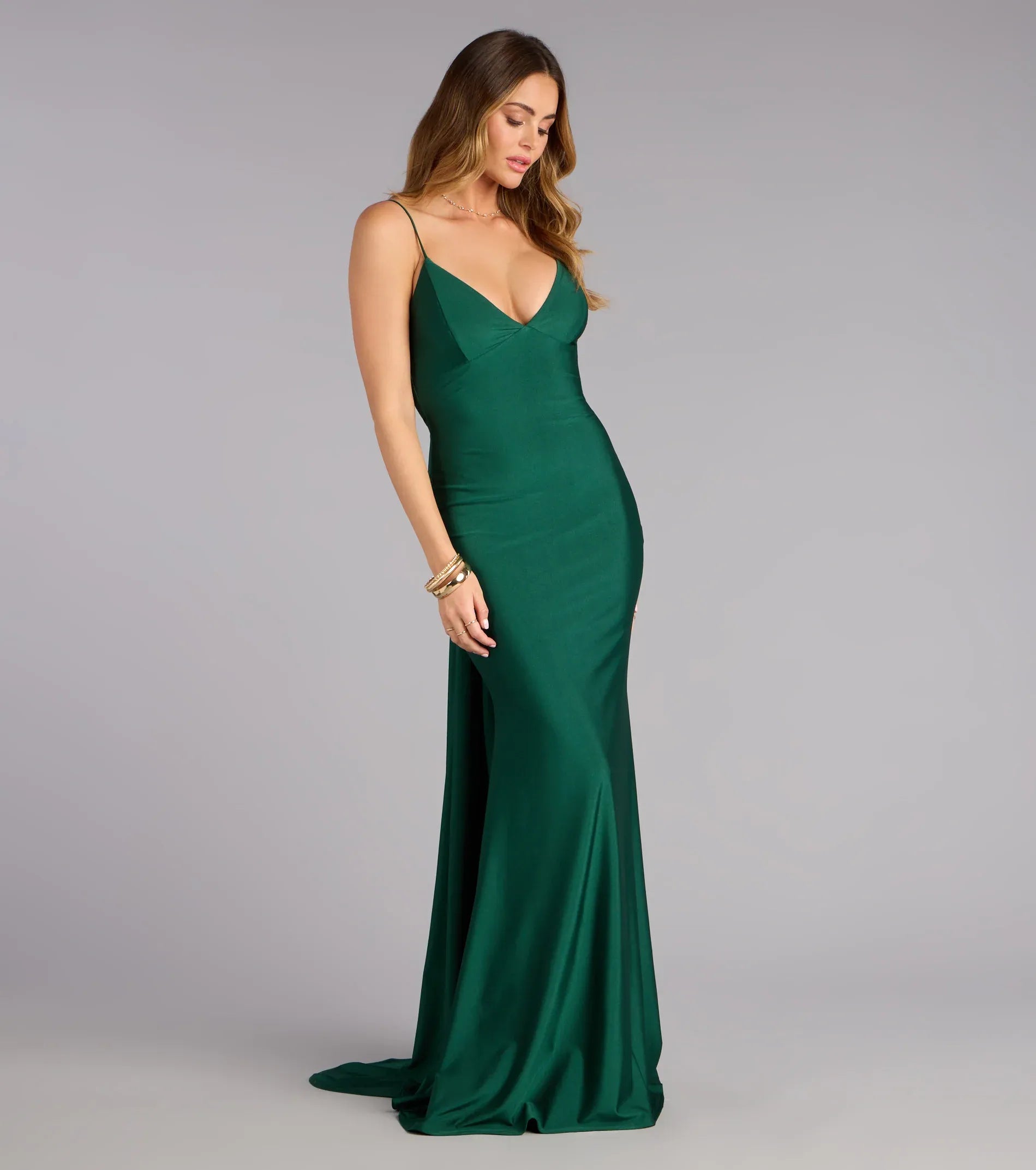 Spaghetti V-Neck Low Back Ruched Satin Mermaid Maxi Wedding Guest Dress