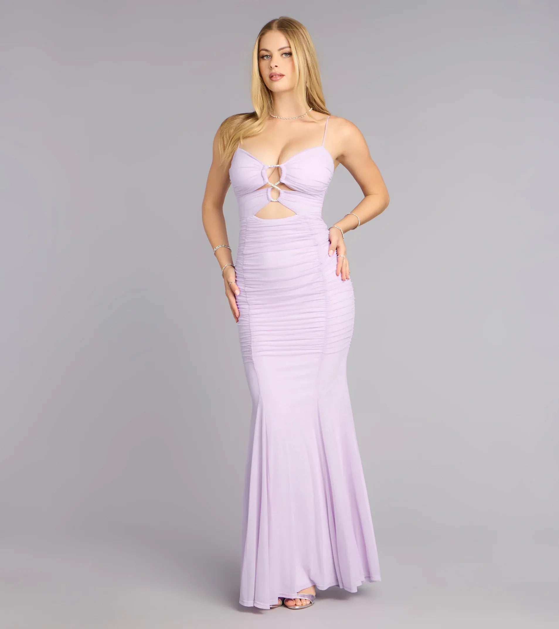 Spaghetti V-Neck Rhinestone Ring Cutout Ruched Mermaid Mesh Maxi Wedding Guest Dress