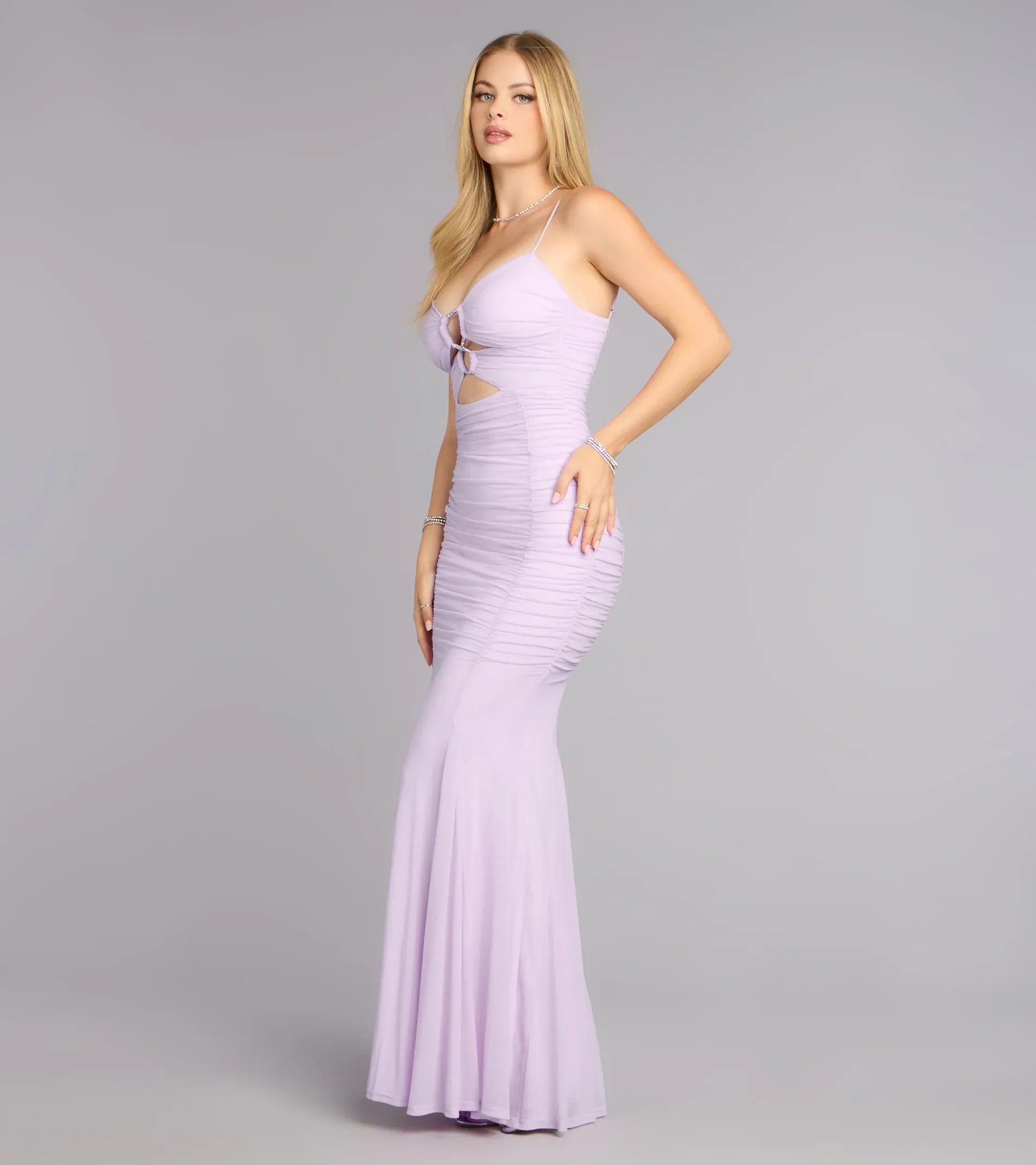 Spaghetti V-Neck Rhinestone Ring Cutout Ruched Mermaid Mesh Maxi Wedding Guest Dress