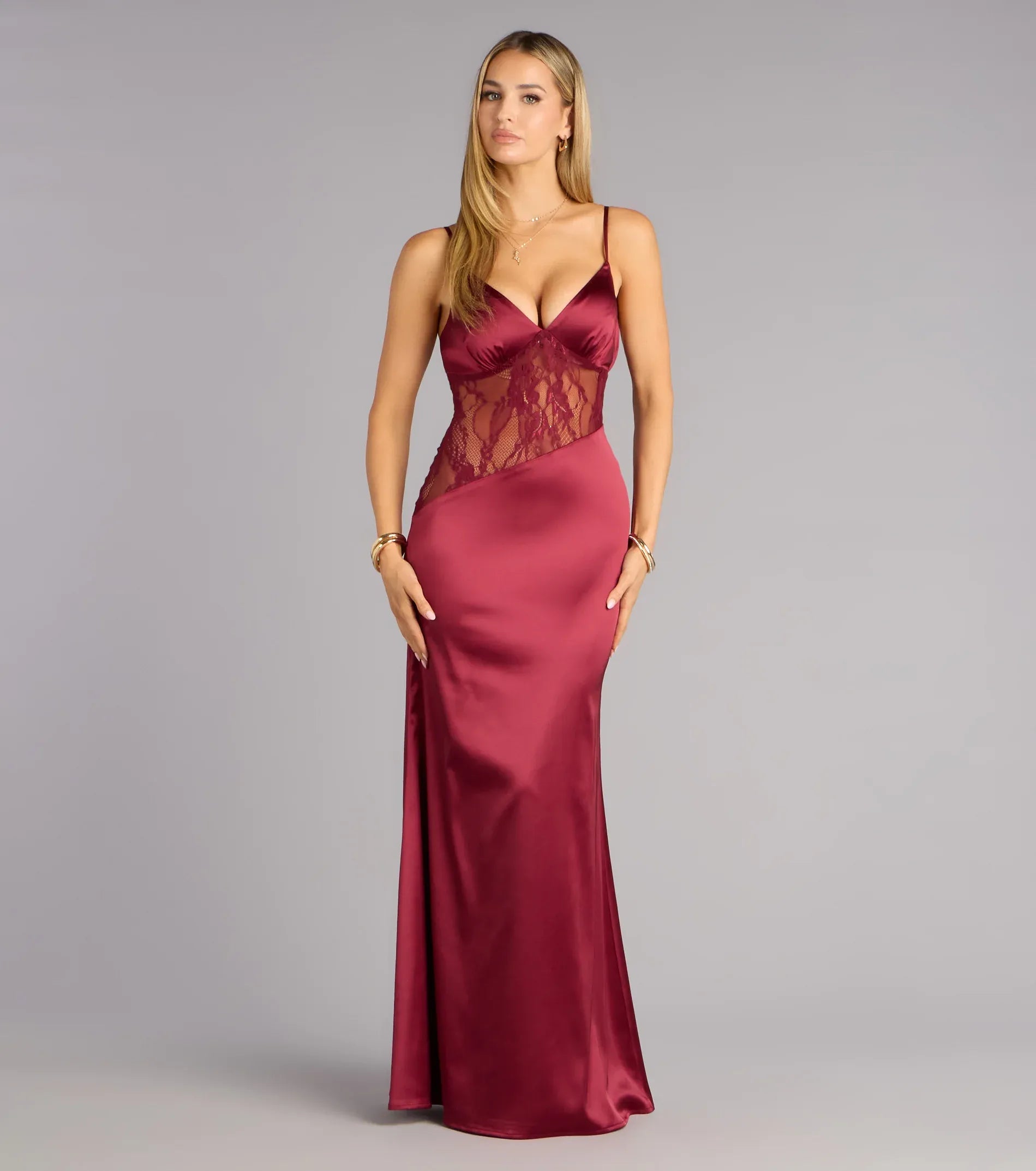 Spaghetti V-Neck Sheer Floral Lace Waist Satin Mermaid Maxi Wedding Guest Dress
