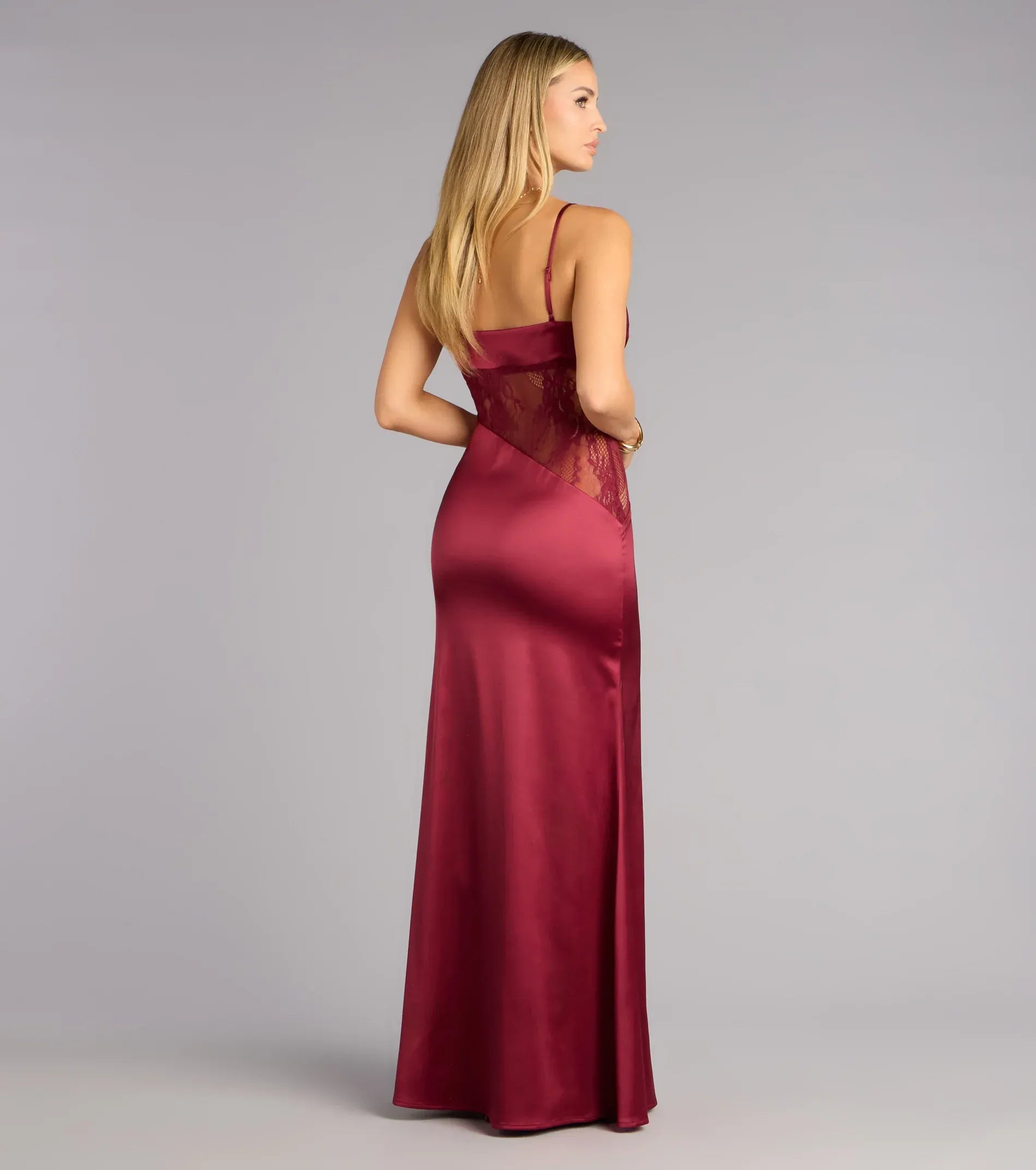 Spaghetti V-Neck Sheer Floral Lace Waist Satin Mermaid Maxi Wedding Guest Dress
