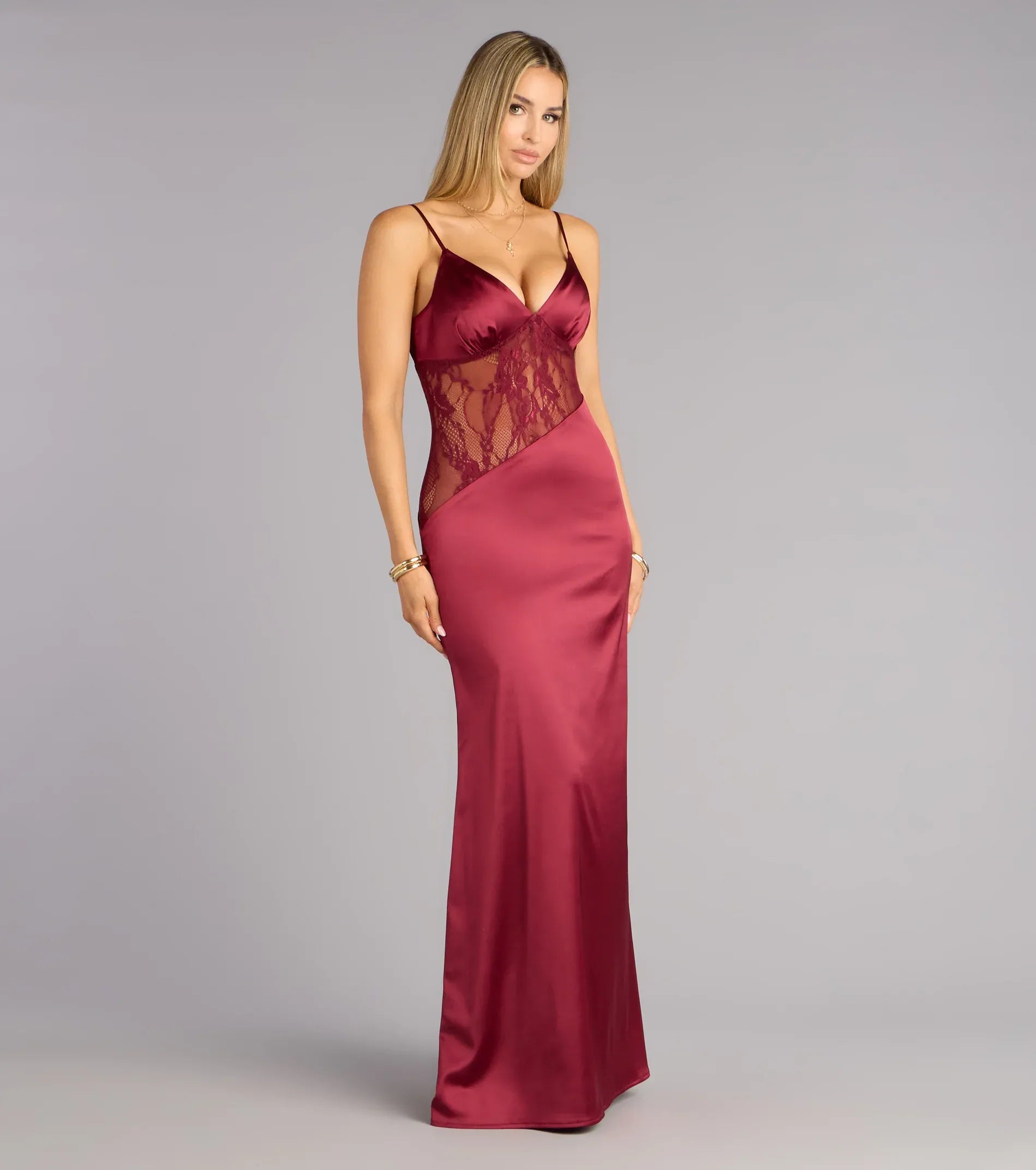 Spaghetti V-Neck Sheer Floral Lace Waist Satin Mermaid Maxi Wedding Guest Dress
