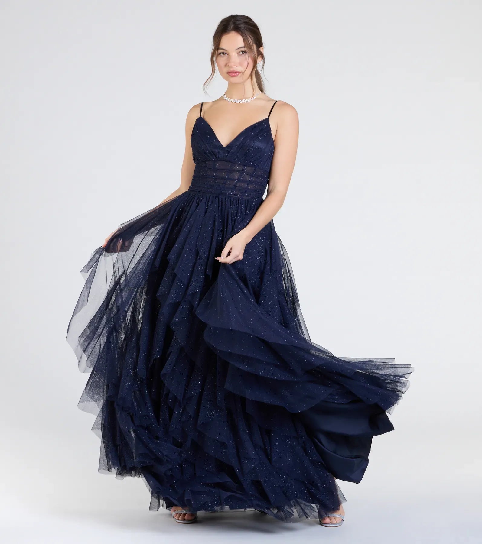 Spaghetti V Neck Sheer Waist Ruffled Glitter Tulle A Line Maxi Wedding Guest Dress