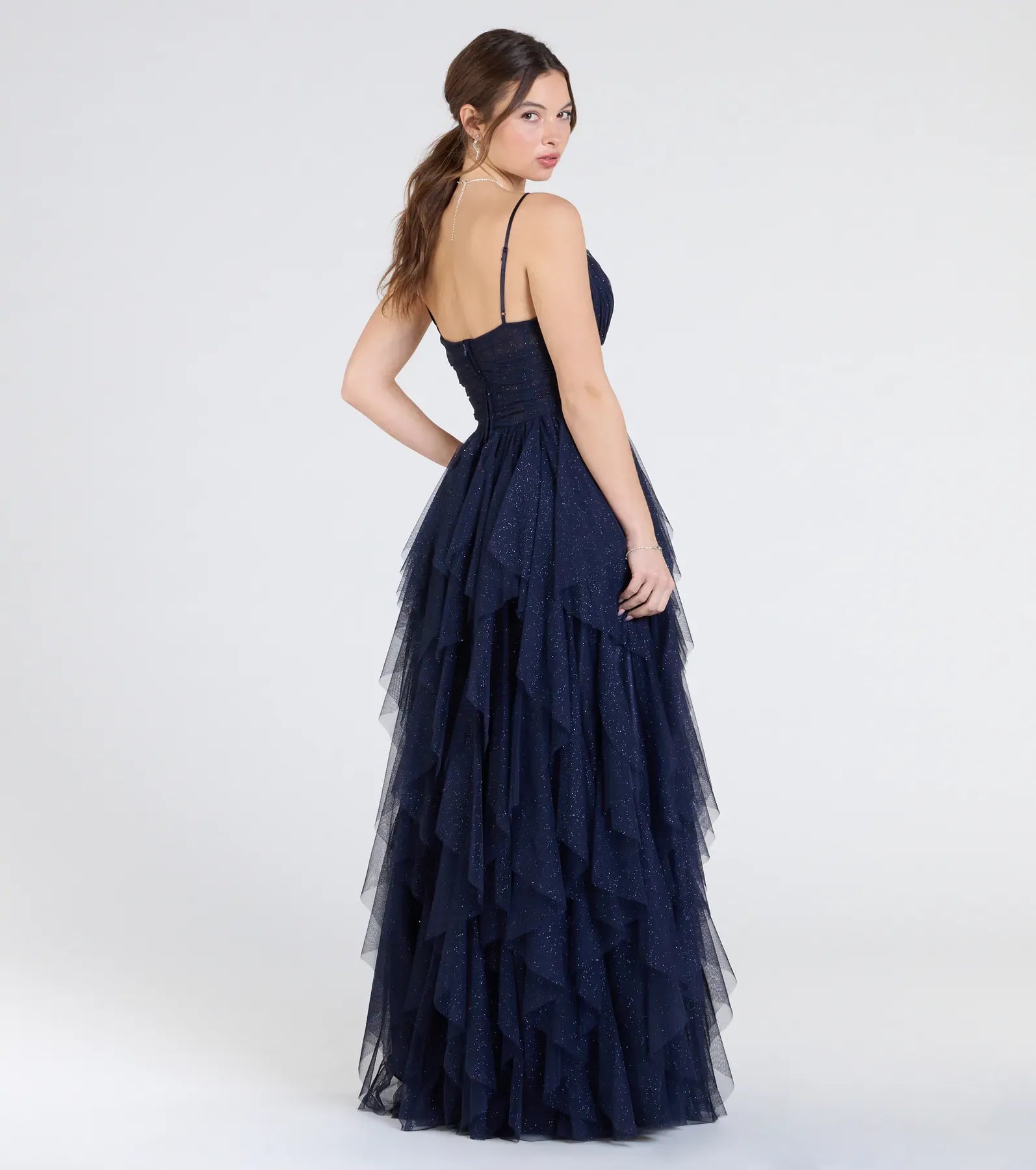 Spaghetti V Neck Sheer Waist Ruffled Glitter Tulle A Line Maxi Wedding Guest Dress