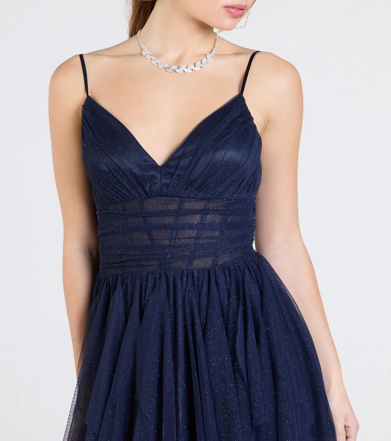 Spaghetti V Neck Sheer Waist Ruffled Glitter Tulle A Line Maxi Wedding Guest Dress