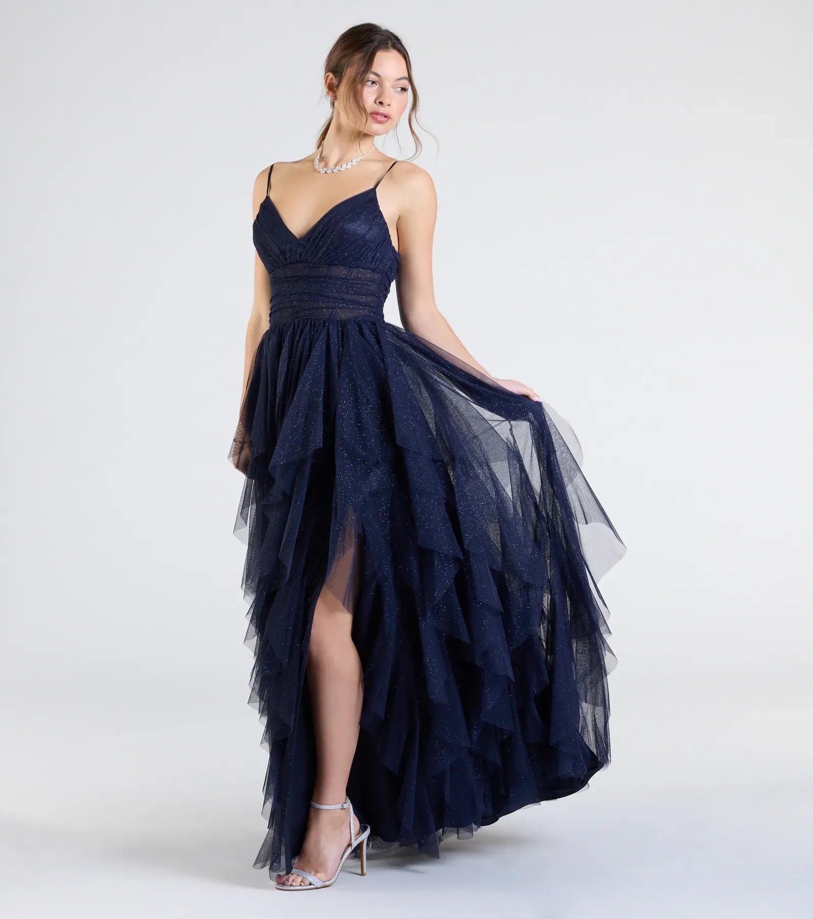 Spaghetti V Neck Sheer Waist Ruffled Glitter Tulle A Line Maxi Wedding Guest Dress