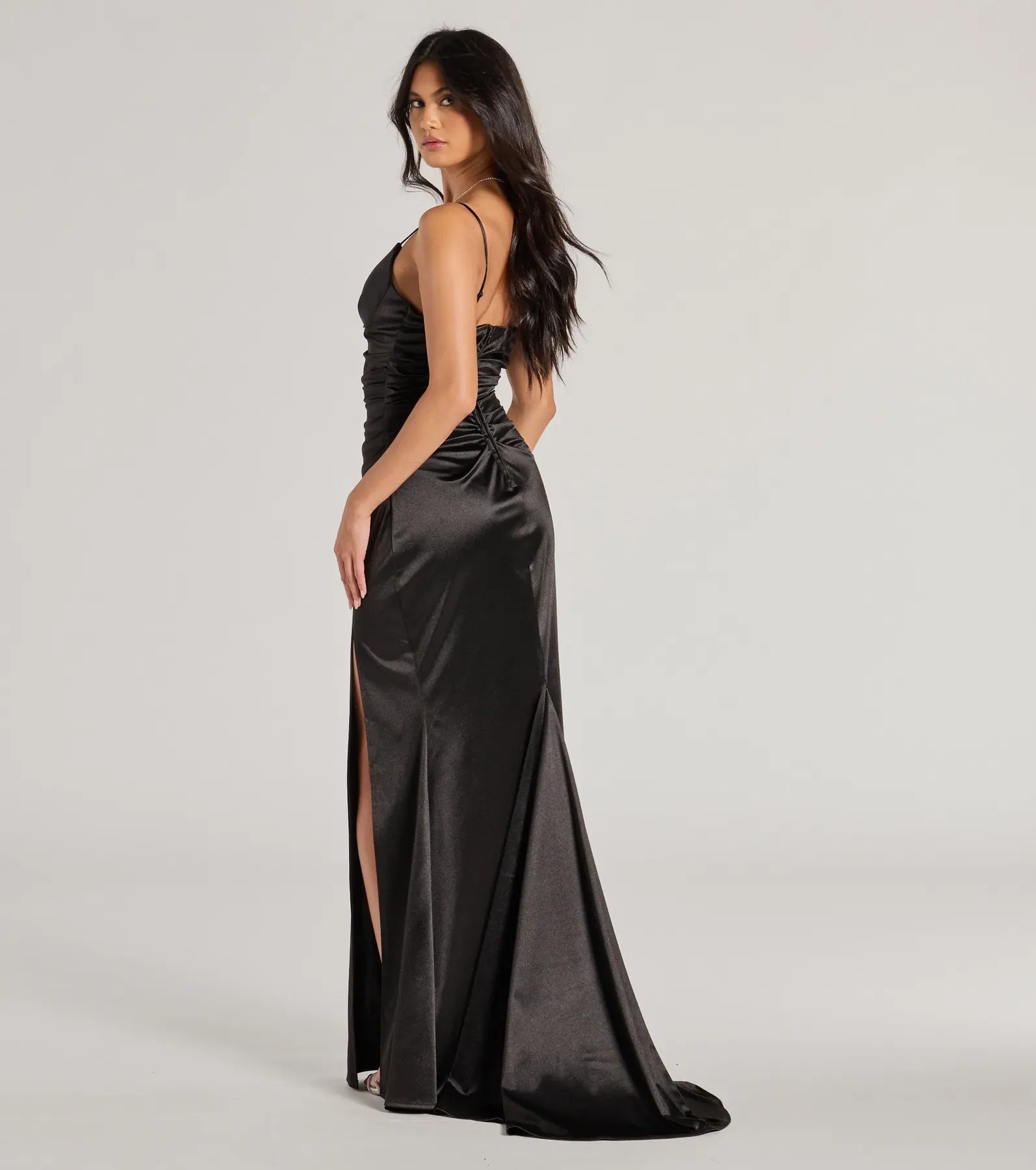 Spaghetti V-Neck Side Ruched High Slit Satin Mermaid Maxi Wedding Guest Dress With Train