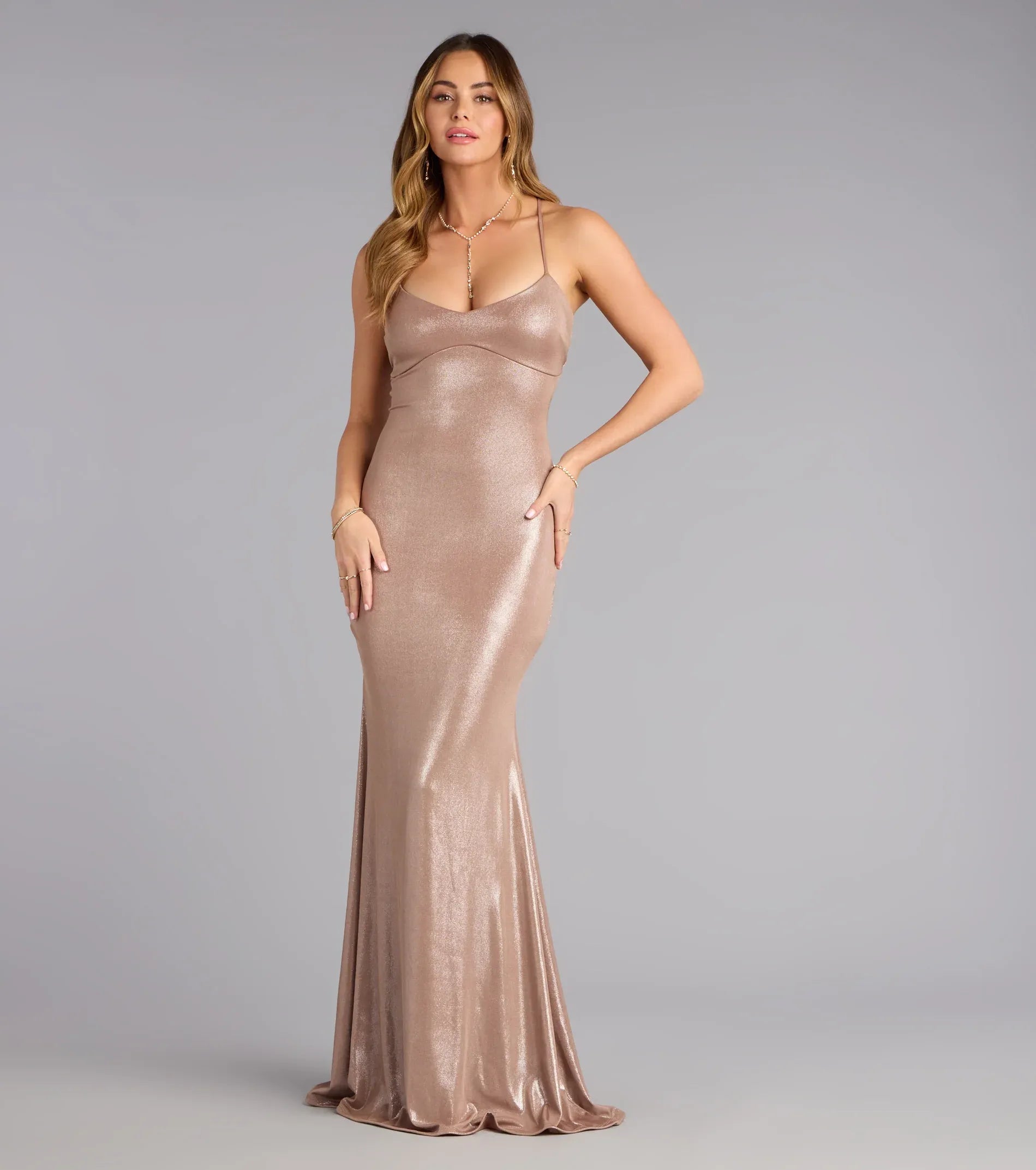 Spaghetti V Neck Tie Open Back Metallic Sheen Mermaid Maxi Wedding Guest Dress
