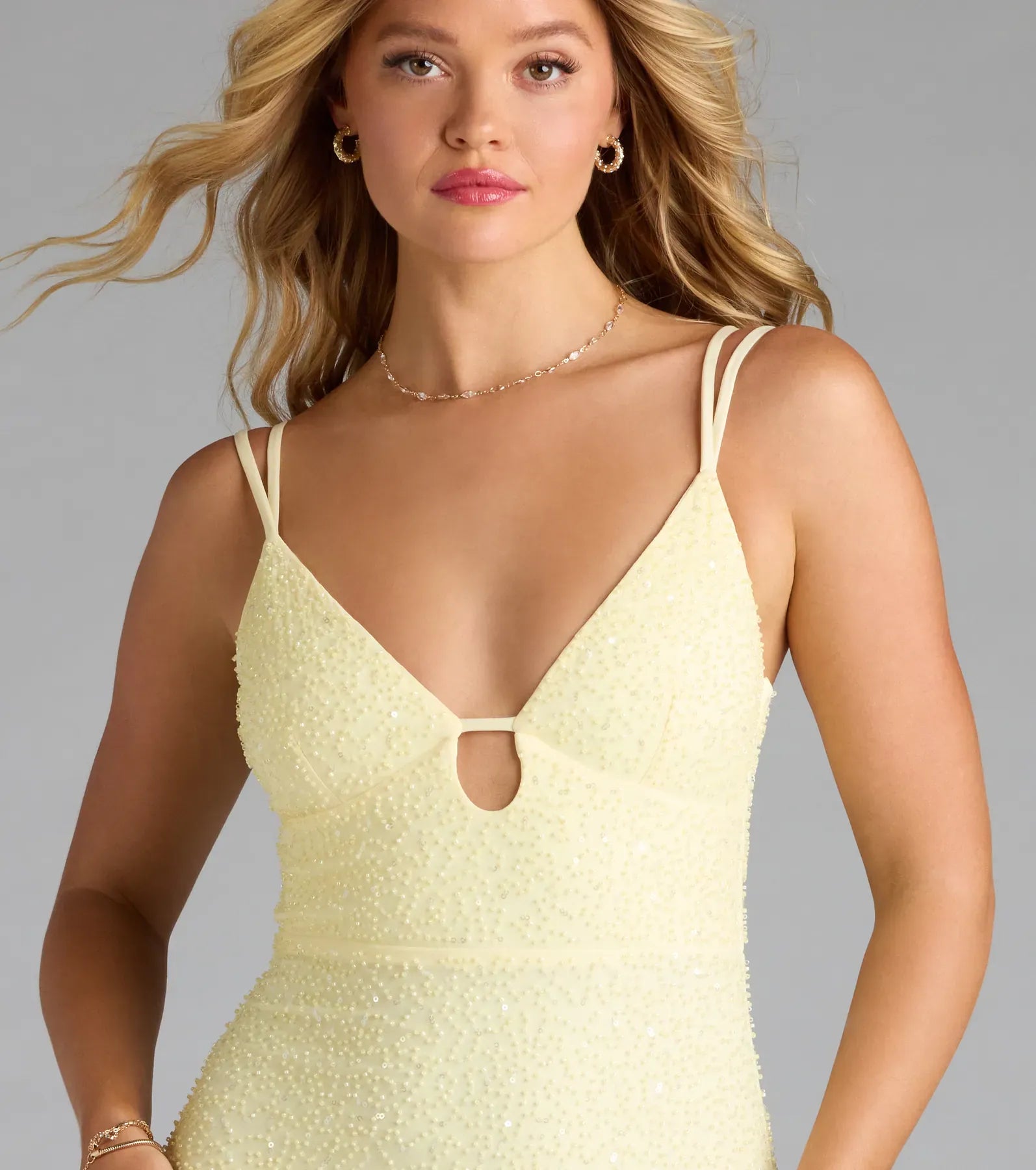 Sparkle Mermaid V-Neck Keyhole Spaghetti Zip-Back Maxi Wedding Guest Dress