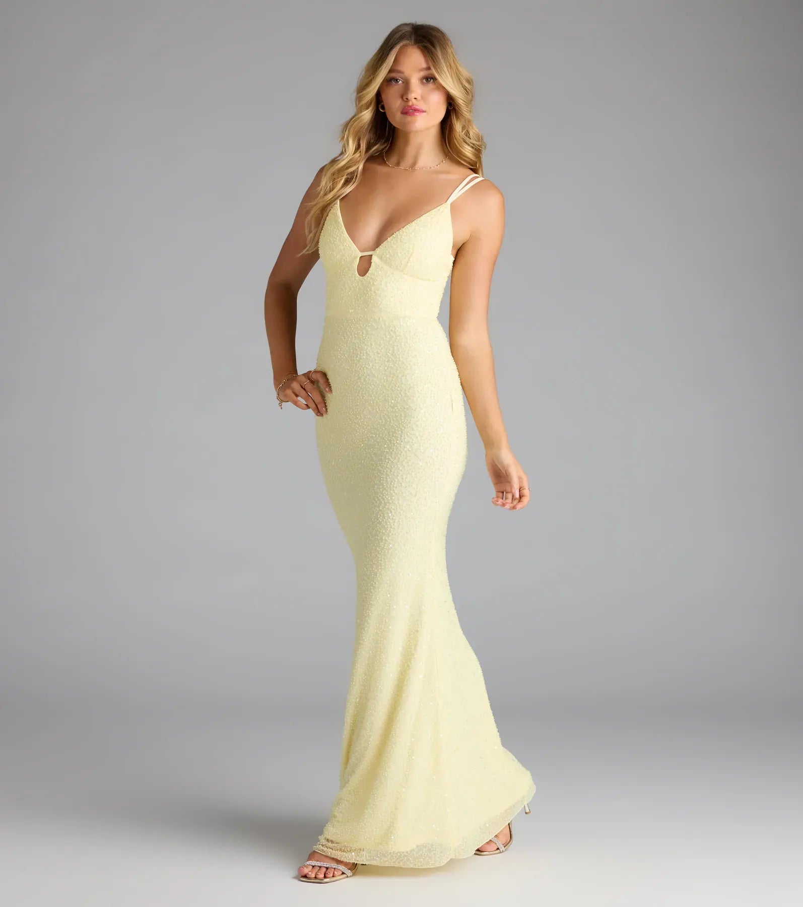 Sparkle Mermaid V-Neck Keyhole Spaghetti Zip-Back Maxi Wedding Guest Dress
