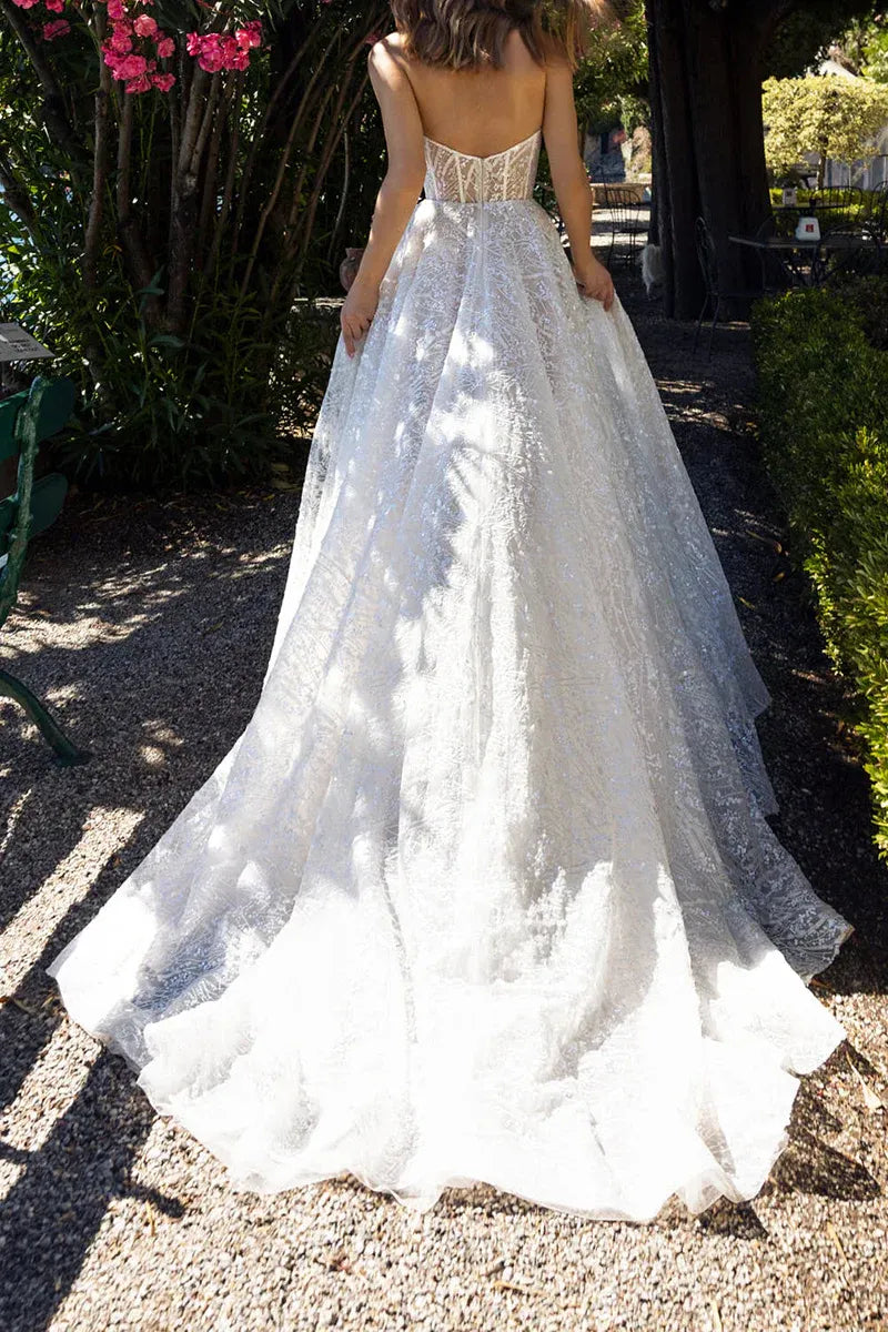 Sparkle Strapless Sweetheart Lace Corset High Slit A-Line Wedding Dress