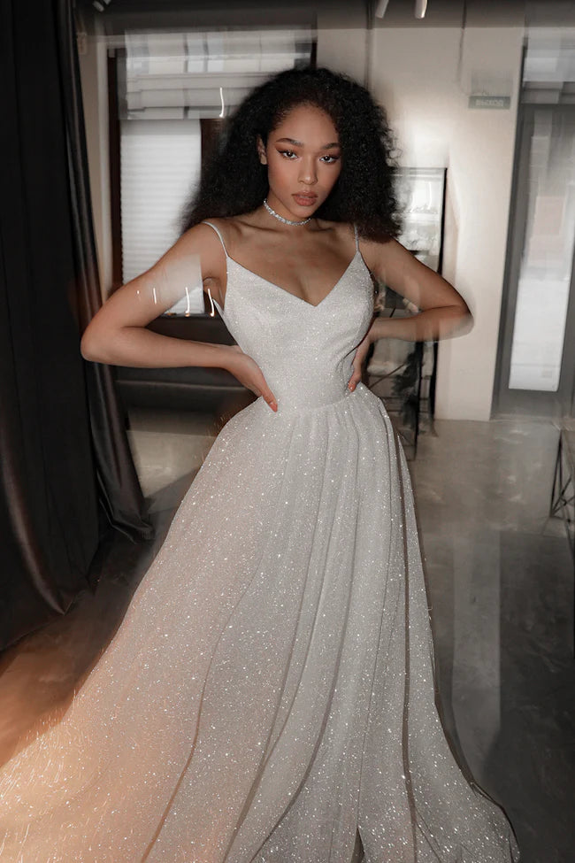 Sparkle A Line V Neck Sleeveless Lace Up Sweep/Brush Train Wedding Dress