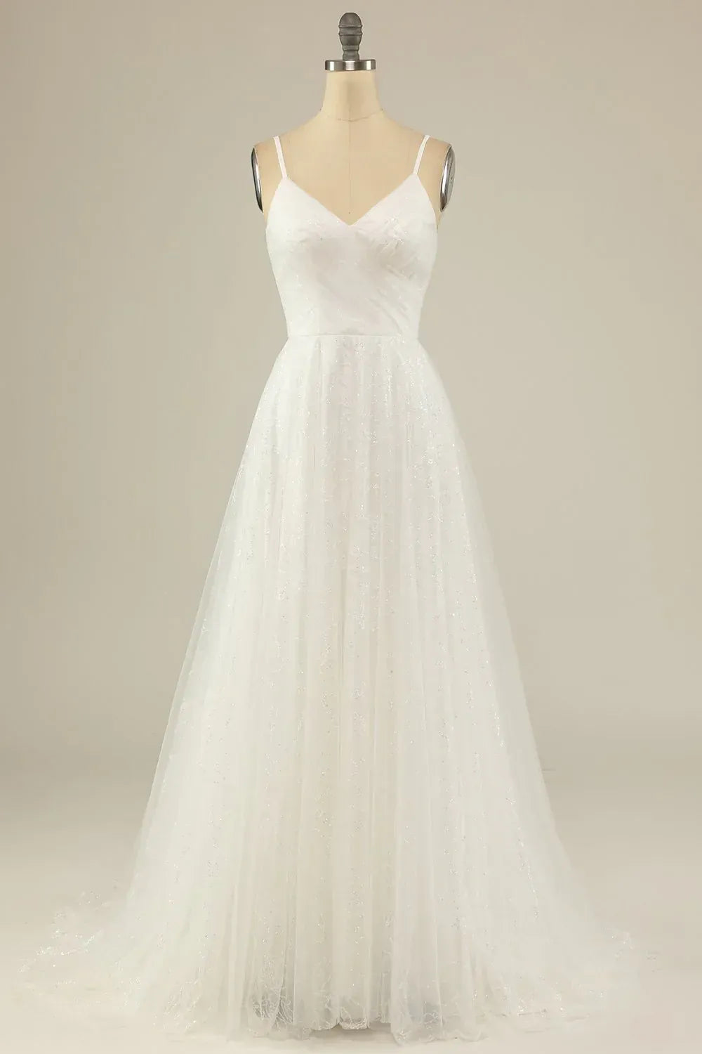 Sparkling Adjustable Thin Strap Ruched Glitter Tulle A-Line Wedding Dress With Lace Hem Soft Chapel Train