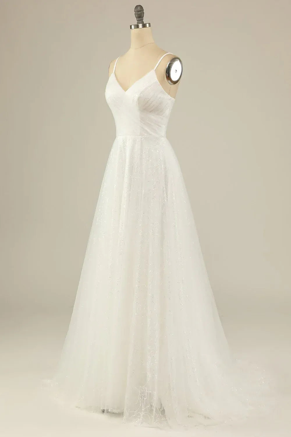 Sparkling Adjustable Thin Strap Ruched Glitter Tulle A-Line Wedding Dress With Lace Hem Soft Chapel Train