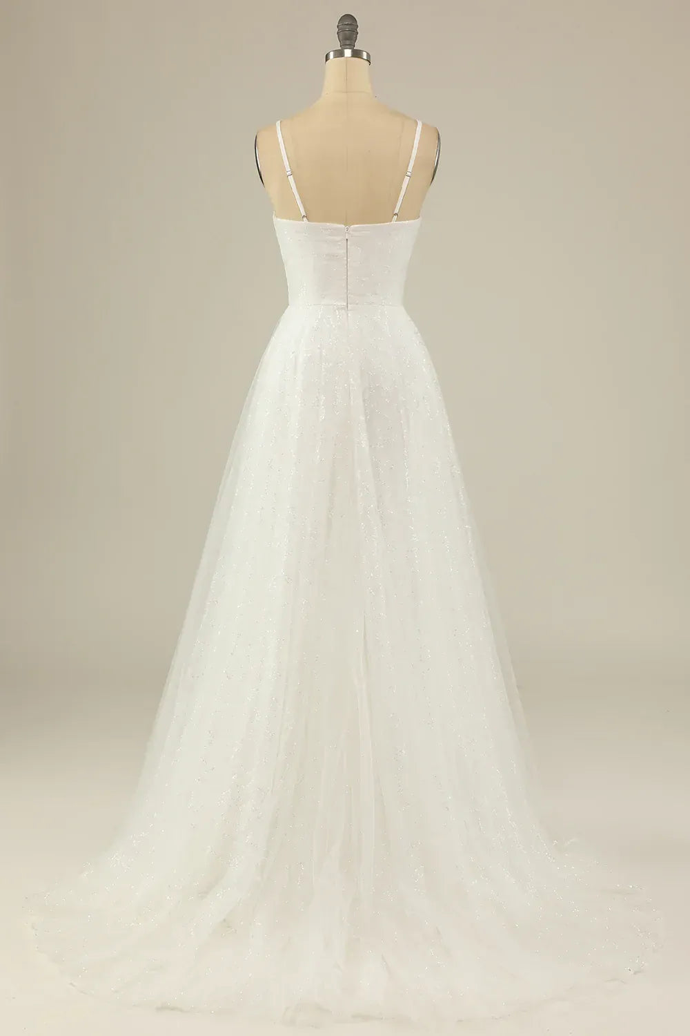 Sparkling Adjustable Thin Strap Ruched Glitter Tulle A-Line Wedding Dress With Lace Hem Soft Chapel Train