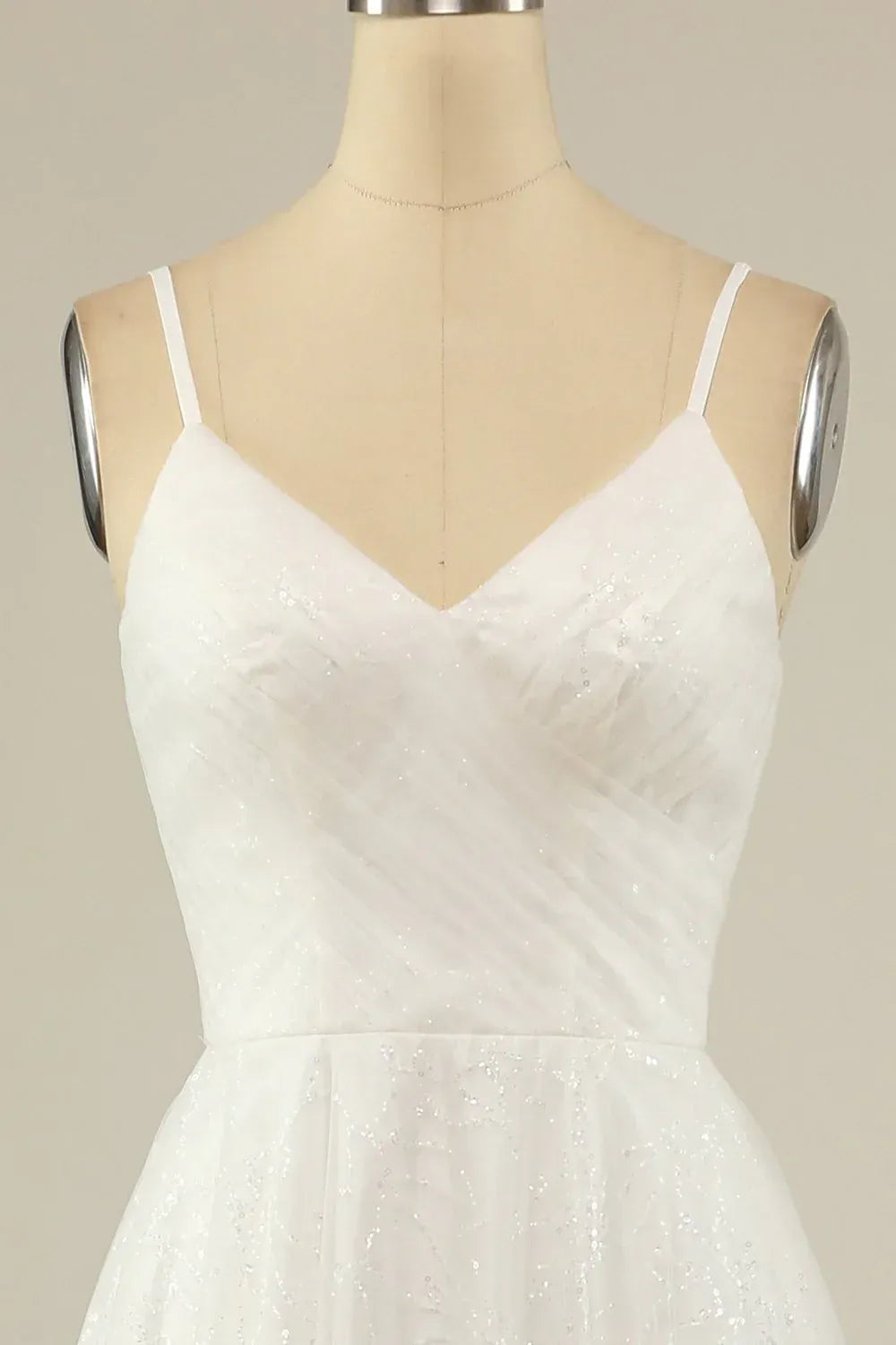Sparkling Adjustable Thin Strap Ruched Glitter Tulle A-Line Wedding Dress With Lace Hem Soft Chapel Train