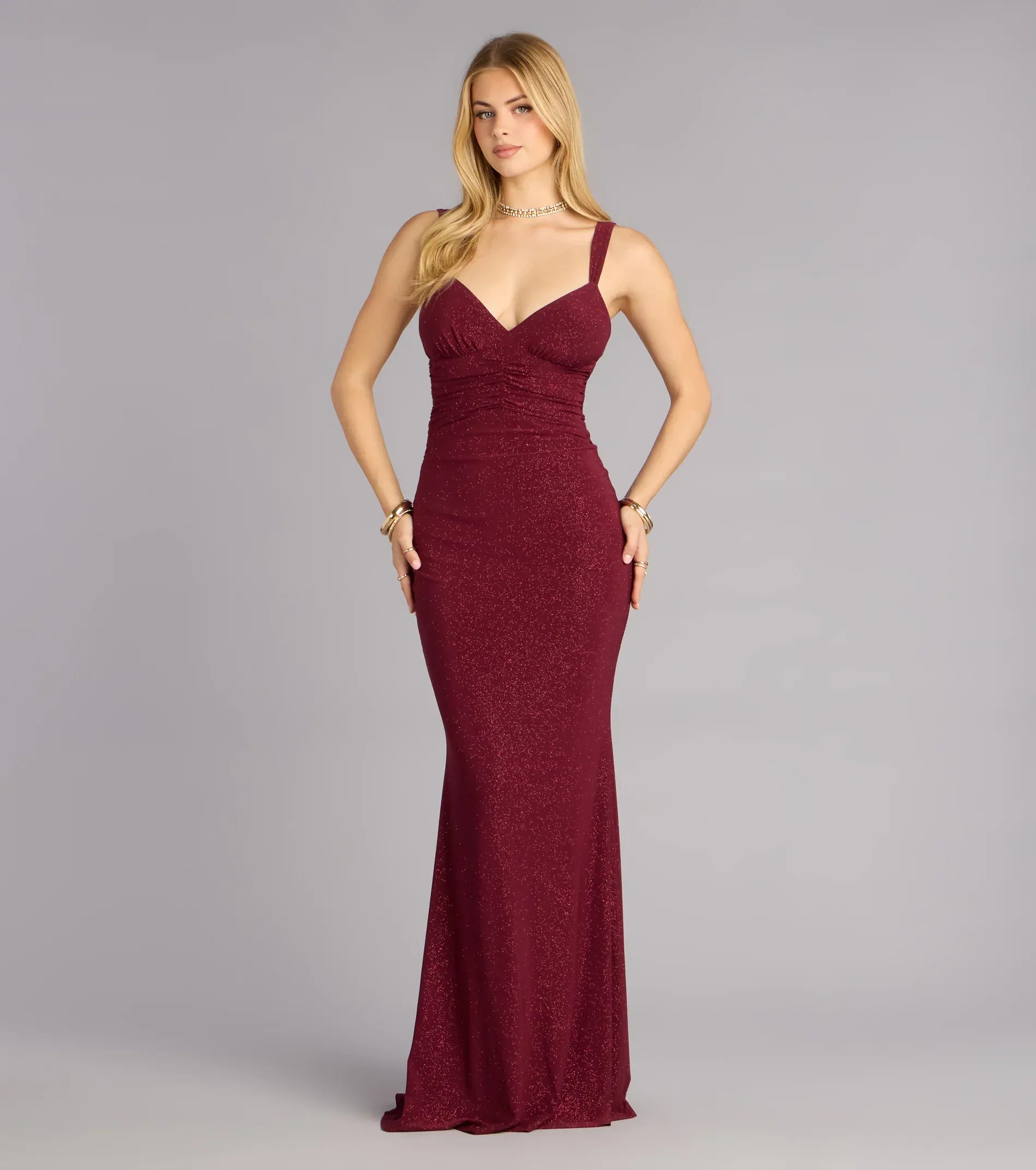 Sparkling Mermaid V-Neck Wide-Strap Keyhole-Back Ruched Maxi Wedding Guest Dress